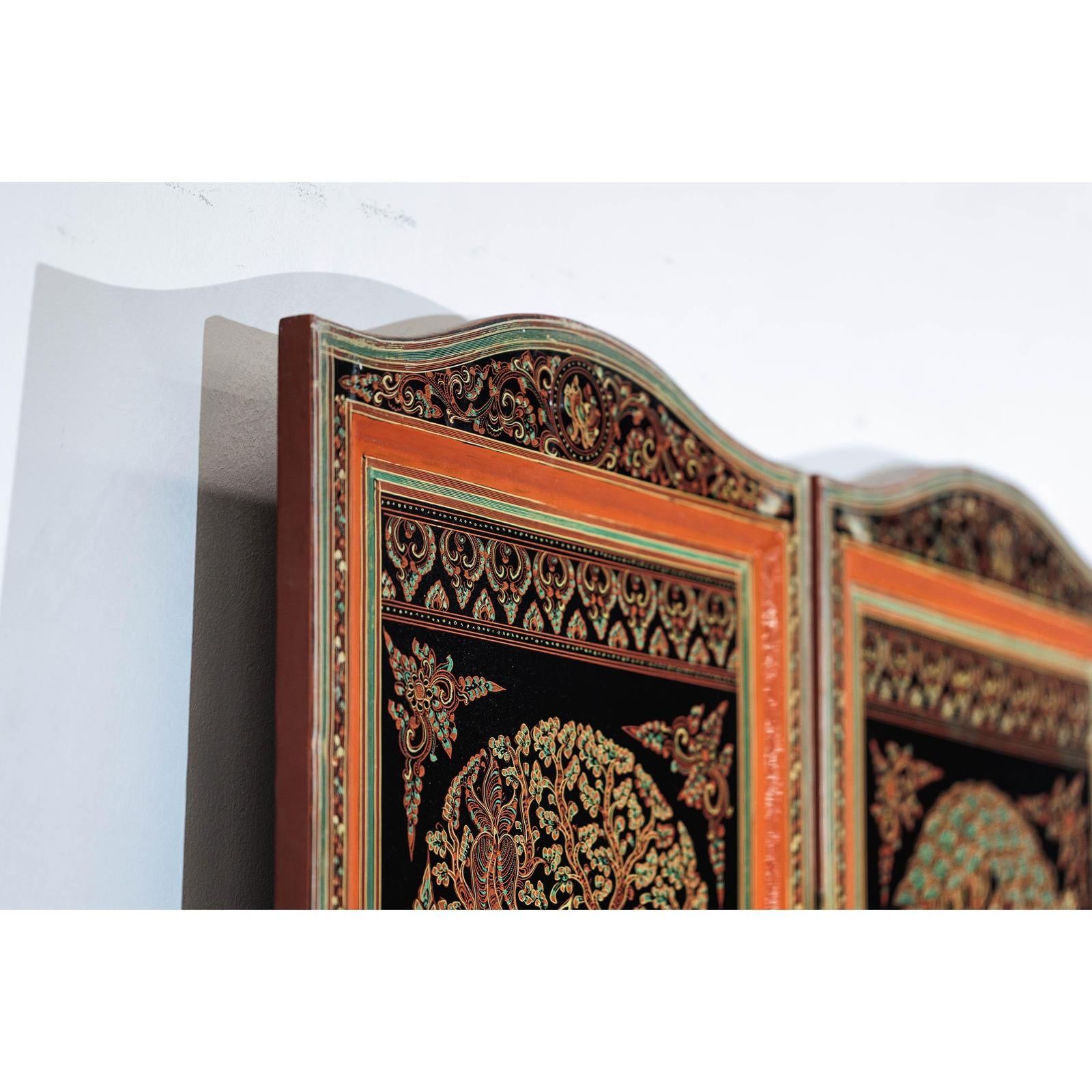Vintage Thai Five-Panel Lacquered Screen with Gilt Figural and Animal Scenes-16. Asian &amp; Chinese Furniture, Art, Antiques, Vintage Home Décor for sale at FEA Home
