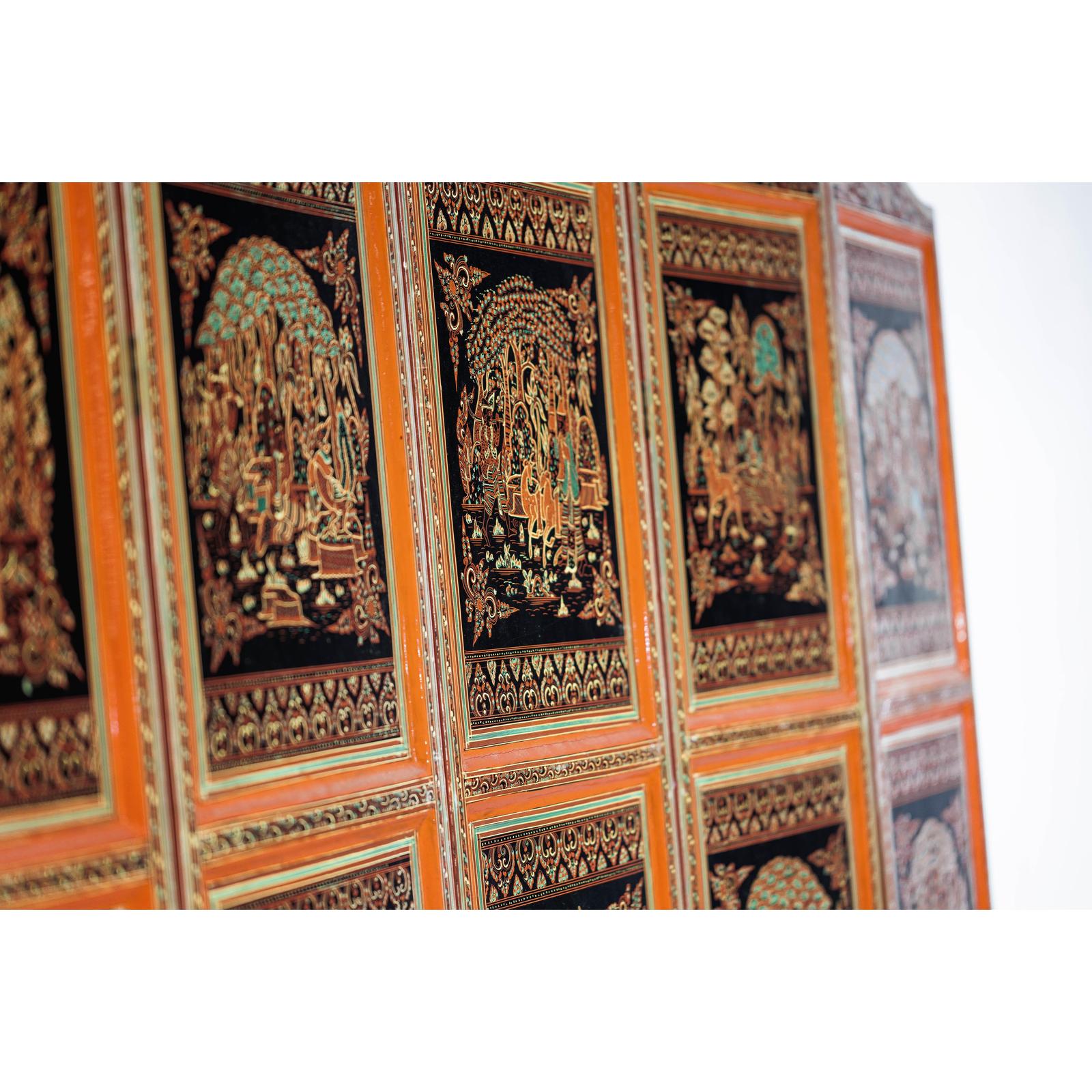 Vintage Thai Five-Panel Lacquered Screen with Gilt Figural and Animal Scenes-17. Asian &amp; Chinese Furniture, Art, Antiques, Vintage Home Décor for sale at FEA Home