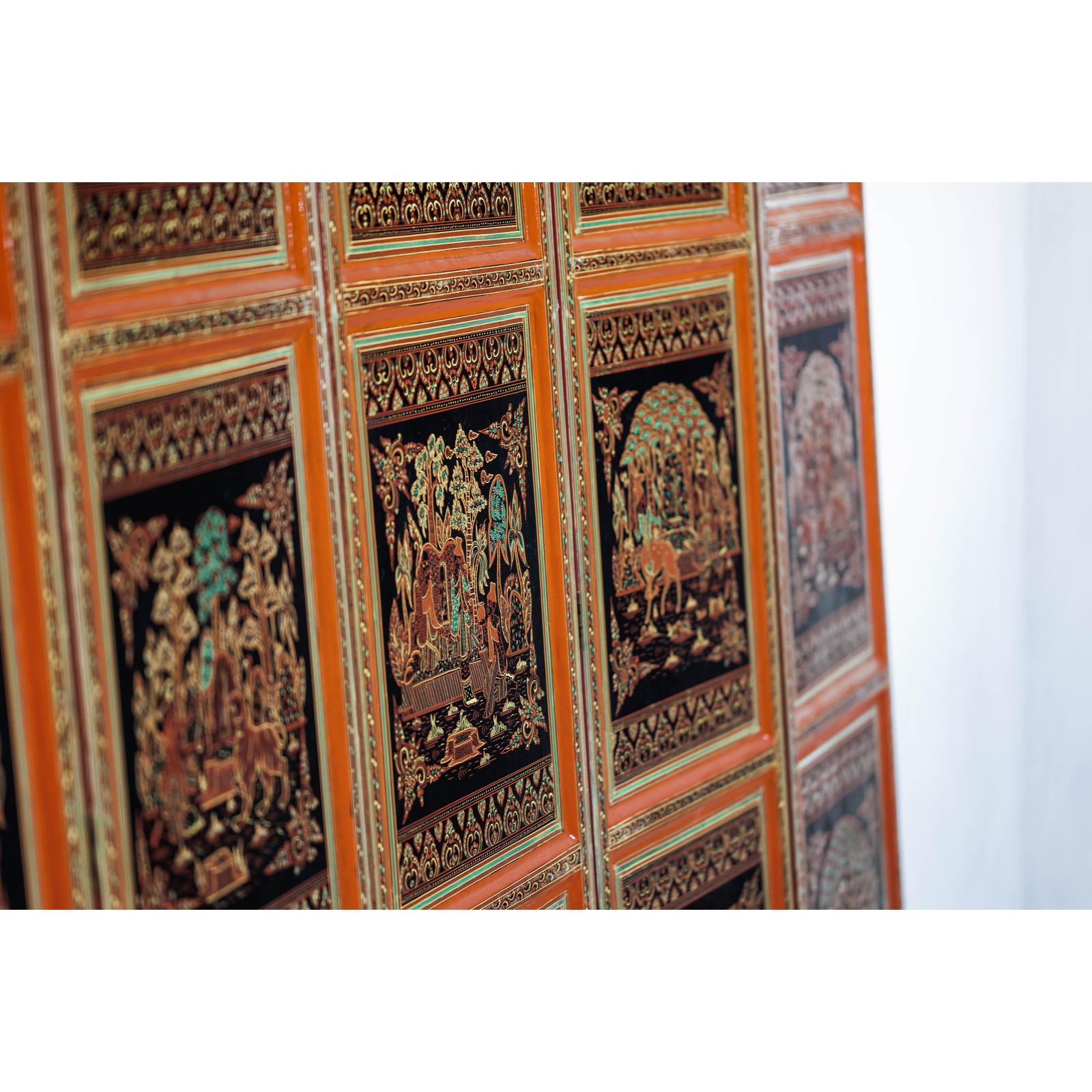 Vintage Thai Five-Panel Lacquered Screen with Gilt Figural and Animal Scenes-18. Asian &amp; Chinese Furniture, Art, Antiques, Vintage Home Décor for sale at FEA Home