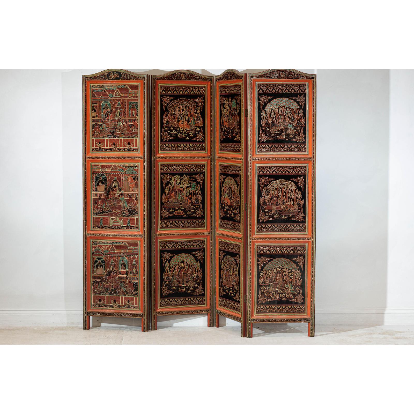 Vintage Thai Five-Panel Lacquered Screen with Gilt Figural and Animal Scenes-19. Asian &amp; Chinese Furniture, Art, Antiques, Vintage Home Décor for sale at FEA Home