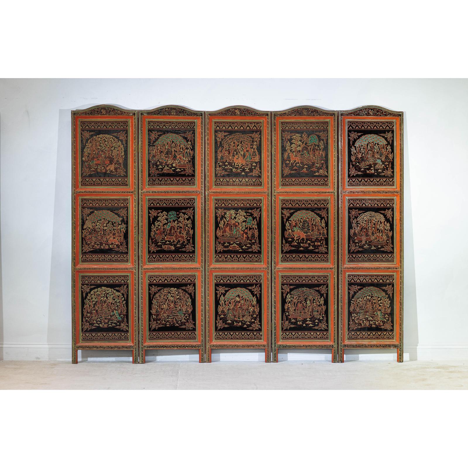 Vintage Thai Five-Panel Lacquered Screen with Gilt Figural and Animal Scenes-2. Asian & Chinese Furniture, Art, Antiques, Vintage Home Décor for sale at FEA Home