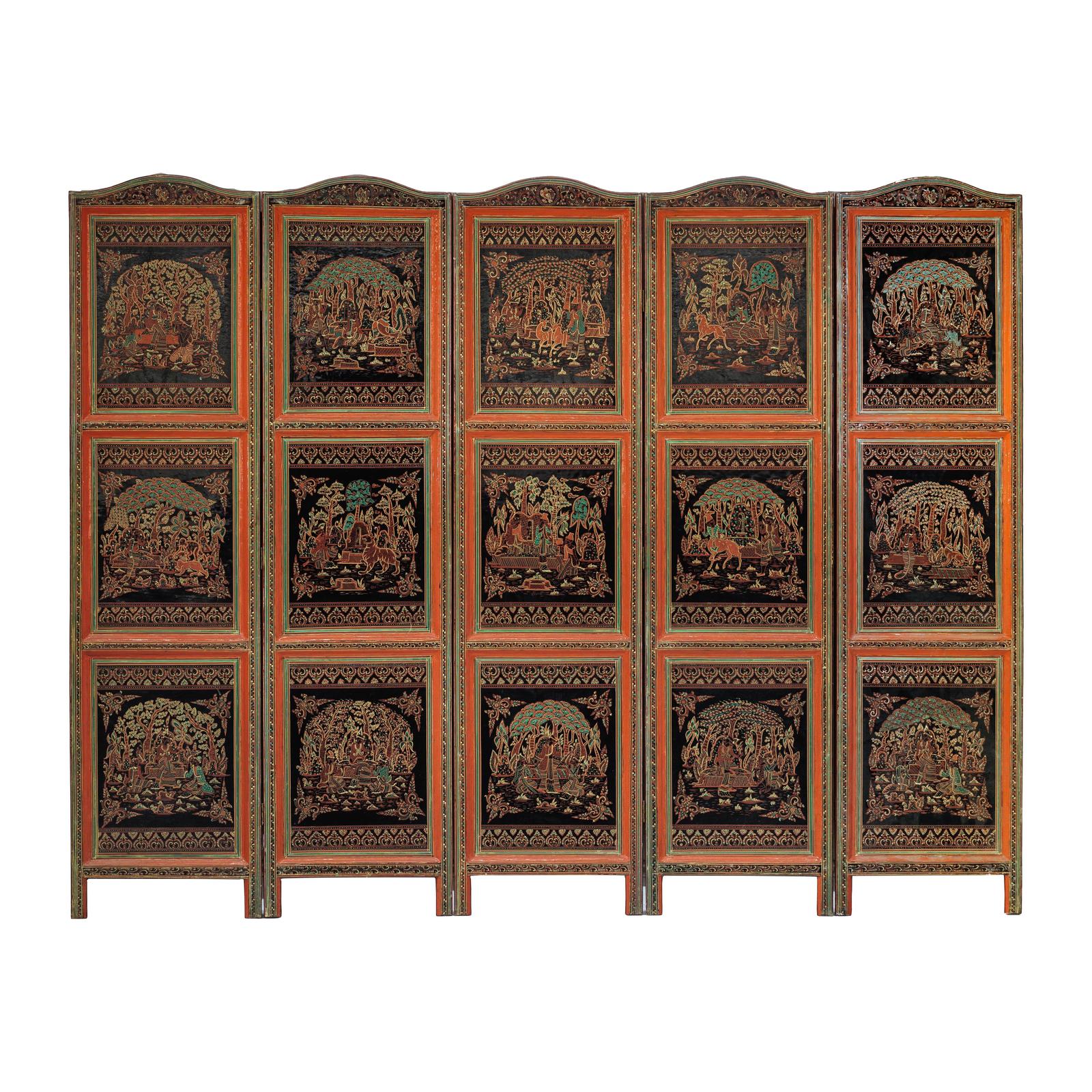 Vintage Thai Five-Panel Lacquered Screen with Gilt Figural and Animal Scenes-20. Asian &amp; Chinese Furniture, Art, Antiques, Vintage Home Décor for sale at FEA Home