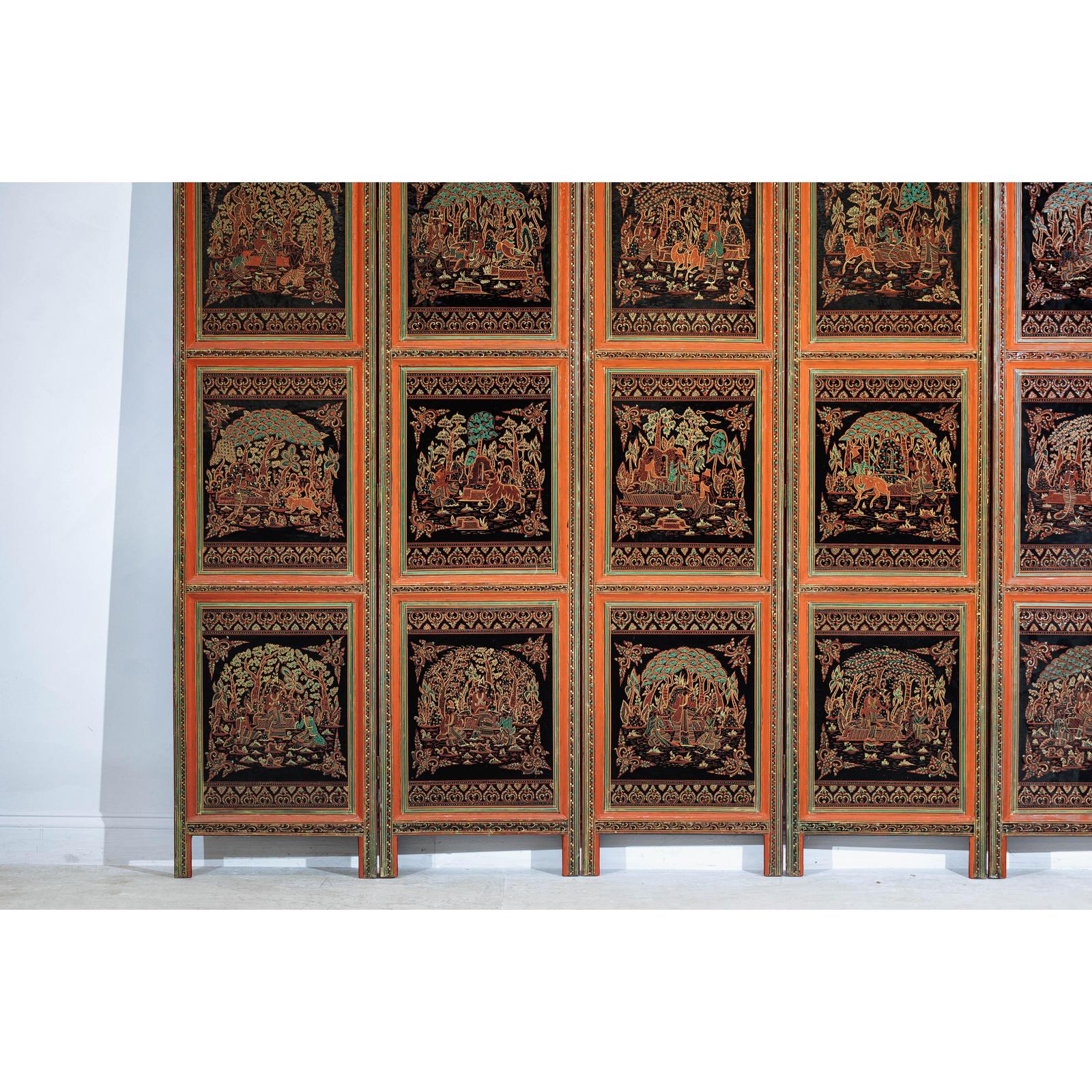 Vintage Thai Five-Panel Lacquered Screen with Gilt Figural and Animal Scenes-3. Asian &amp; Chinese Furniture, Art, Antiques, Vintage Home Décor for sale at FEA Home