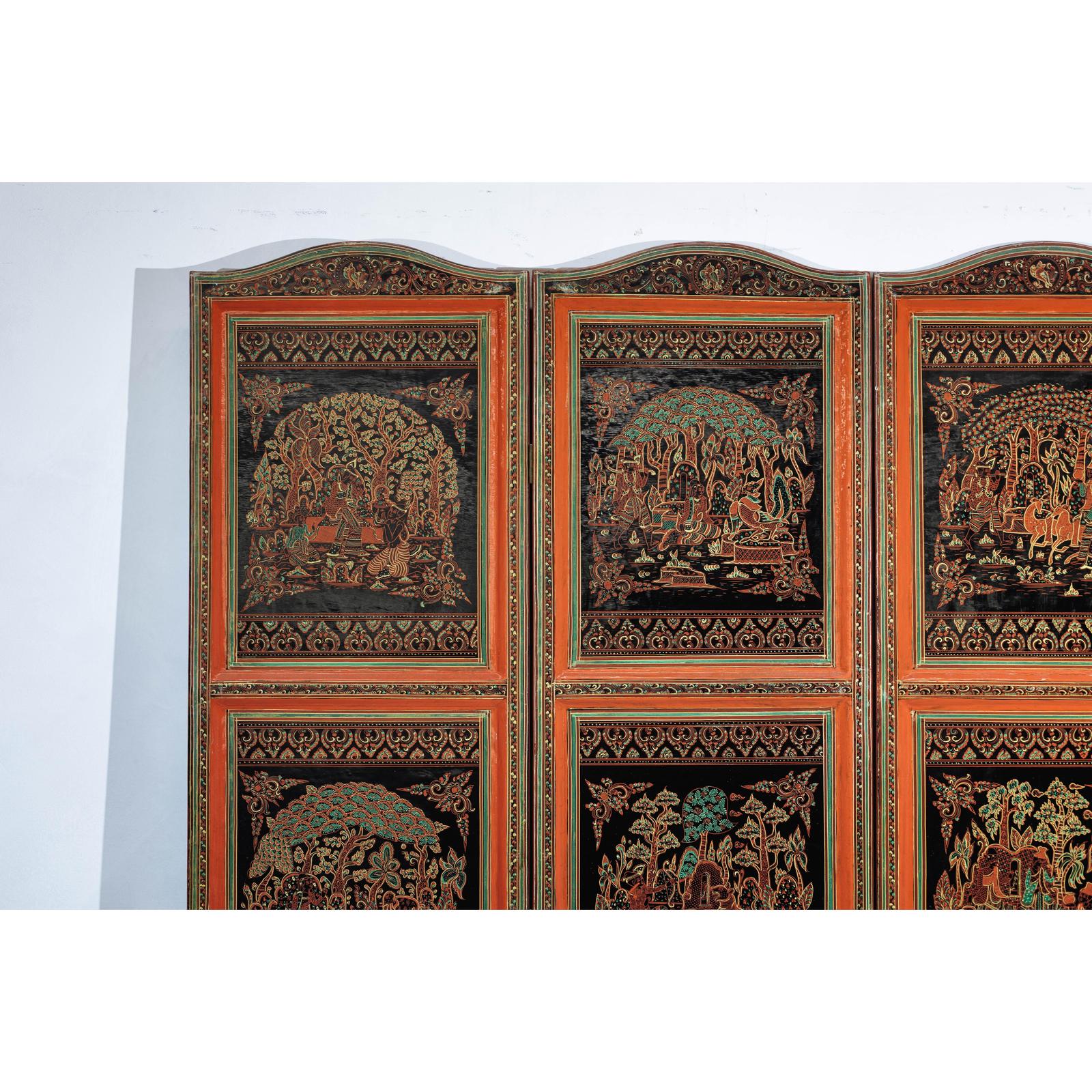 Vintage Thai Five-Panel Lacquered Screen with Gilt Figural and Animal Scenes-4. Asian &amp; Chinese Furniture, Art, Antiques, Vintage Home Décor for sale at FEA Home