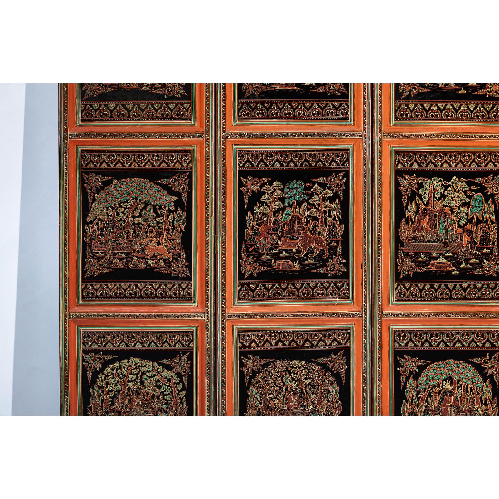 Vintage Thai Five-Panel Lacquered Screen with Gilt Figural and Animal Scenes-5. Asian &amp; Chinese Furniture, Art, Antiques, Vintage Home Décor for sale at FEA Home