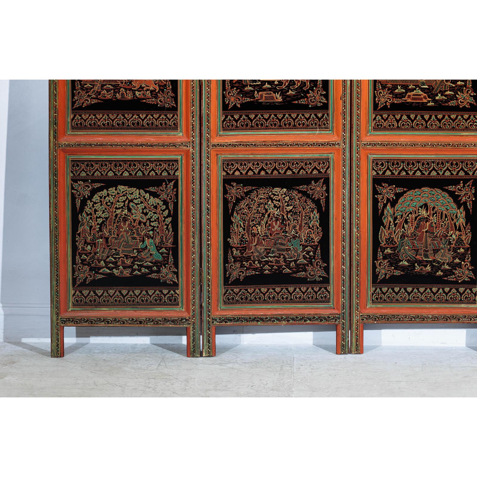 Vintage Thai Five-Panel Lacquered Screen with Gilt Figural and Animal Scenes-6. Asian &amp; Chinese Furniture, Art, Antiques, Vintage Home Décor for sale at FEA Home