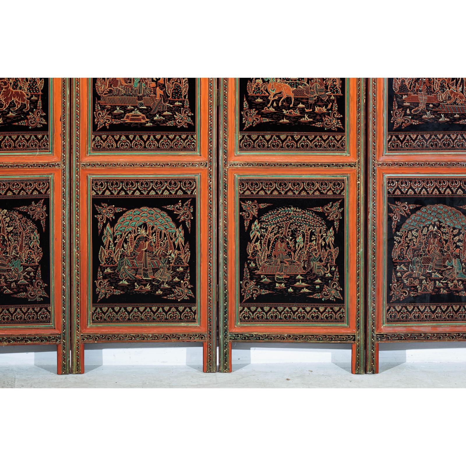Vintage Thai Five-Panel Lacquered Screen with Gilt Figural and Animal Scenes-7. Asian &amp; Chinese Furniture, Art, Antiques, Vintage Home Décor for sale at FEA Home