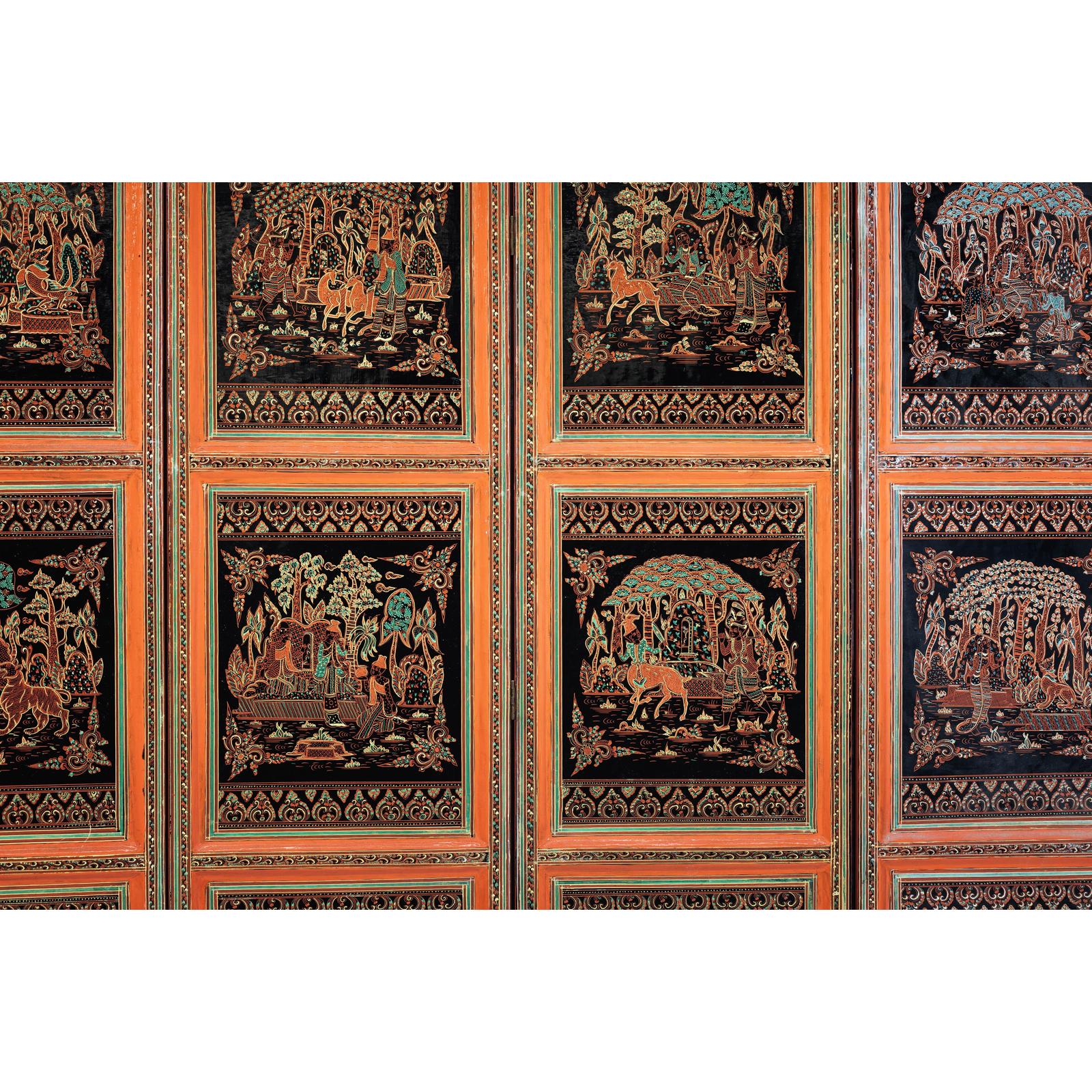 Vintage Thai Five-Panel Lacquered Screen with Gilt Figural and Animal Scenes-8. Asian &amp; Chinese Furniture, Art, Antiques, Vintage Home Décor for sale at FEA Home