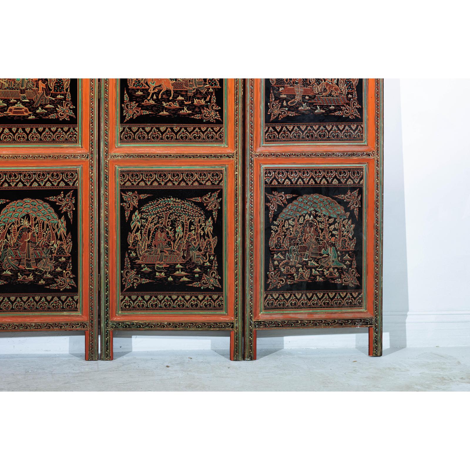 Vintage Thai Five-Panel Lacquered Screen with Gilt Figural and Animal Scenes-9. Asian &amp; Chinese Furniture, Art, Antiques, Vintage Home Décor for sale at FEA Home