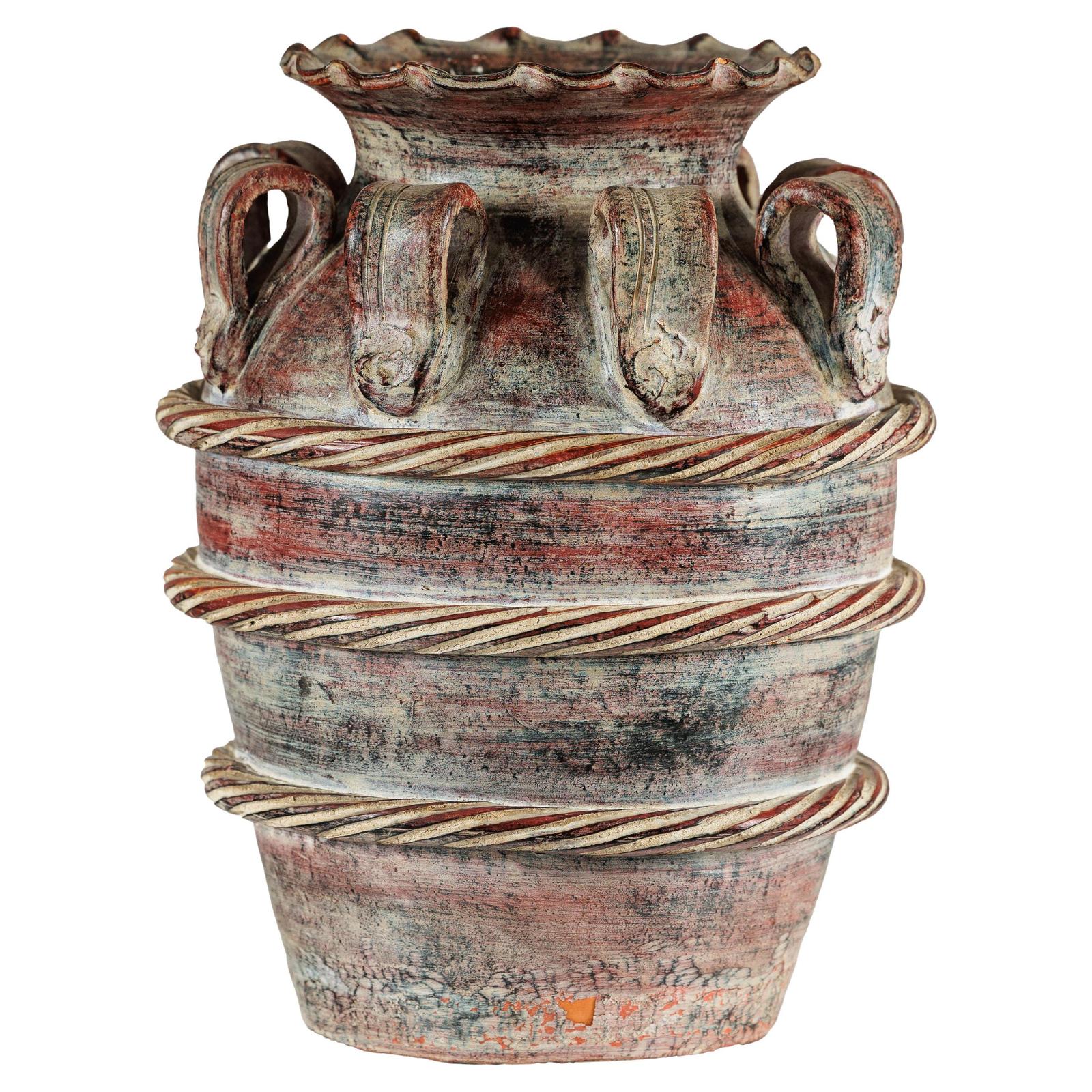 Vintage Thai Water Jar with Ropework Decoration, Scalloped Rim and Loop Handles-1. Asian & Chinese Furniture, Art, Antiques, Vintage Home Décor for sale at FEA Home