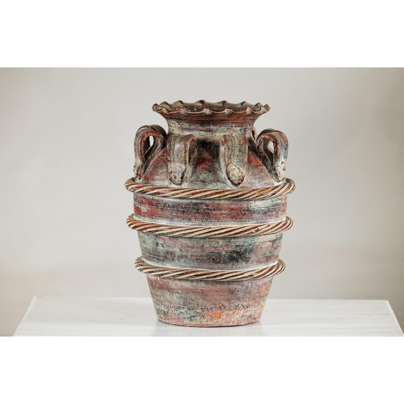 Vintage Thai Water Jar with Ropework Decoration, Scalloped Rim and Loop Handles-2. Asian & Chinese Furniture, Art, Antiques, Vintage Home Décor for sale at FEA Home