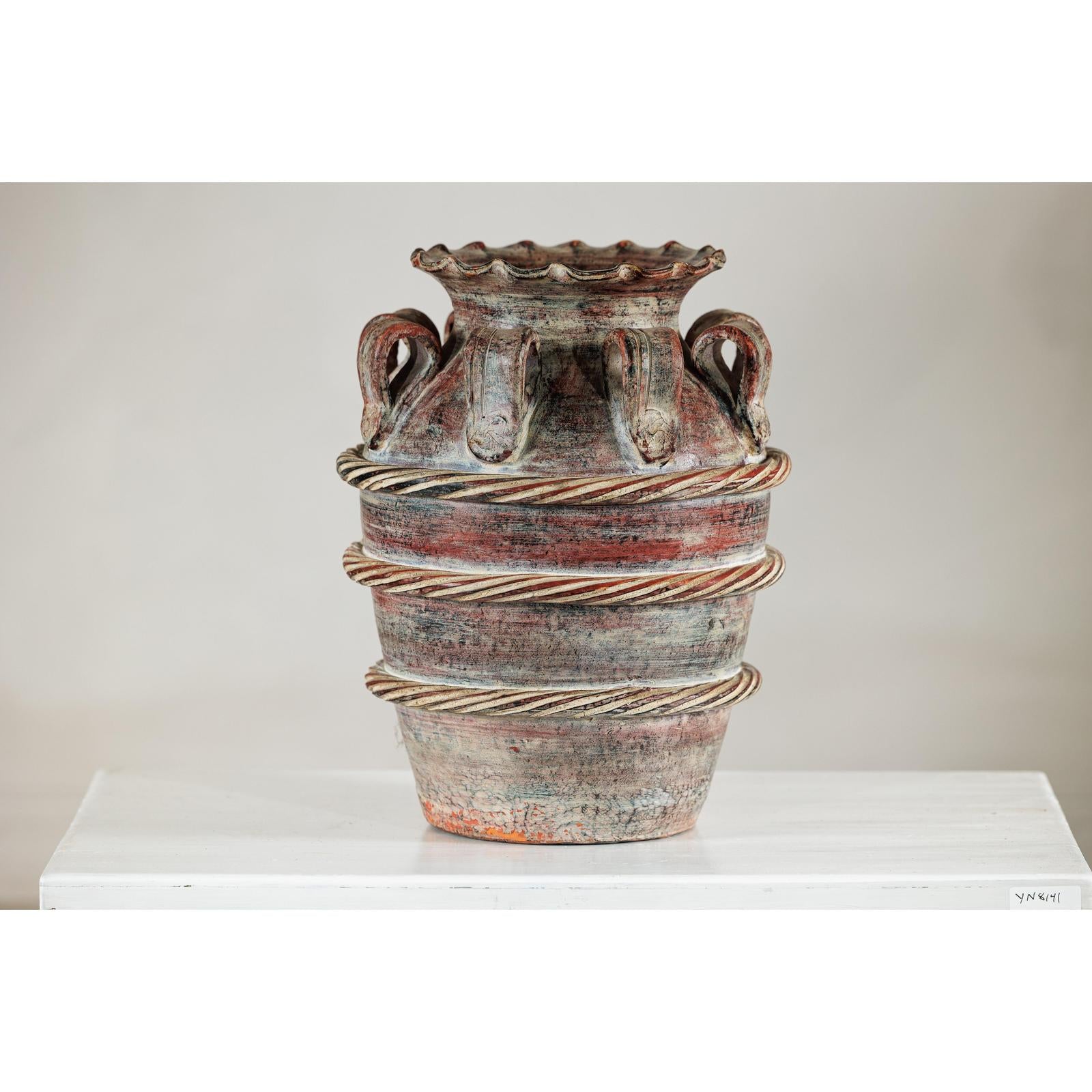 Vintage Thai Water Jar with Ropework Decoration, Scalloped Rim and Loop Handles-3. Asian &amp; Chinese Furniture, Art, Antiques, Vintage Home Décor for sale at FEA Home