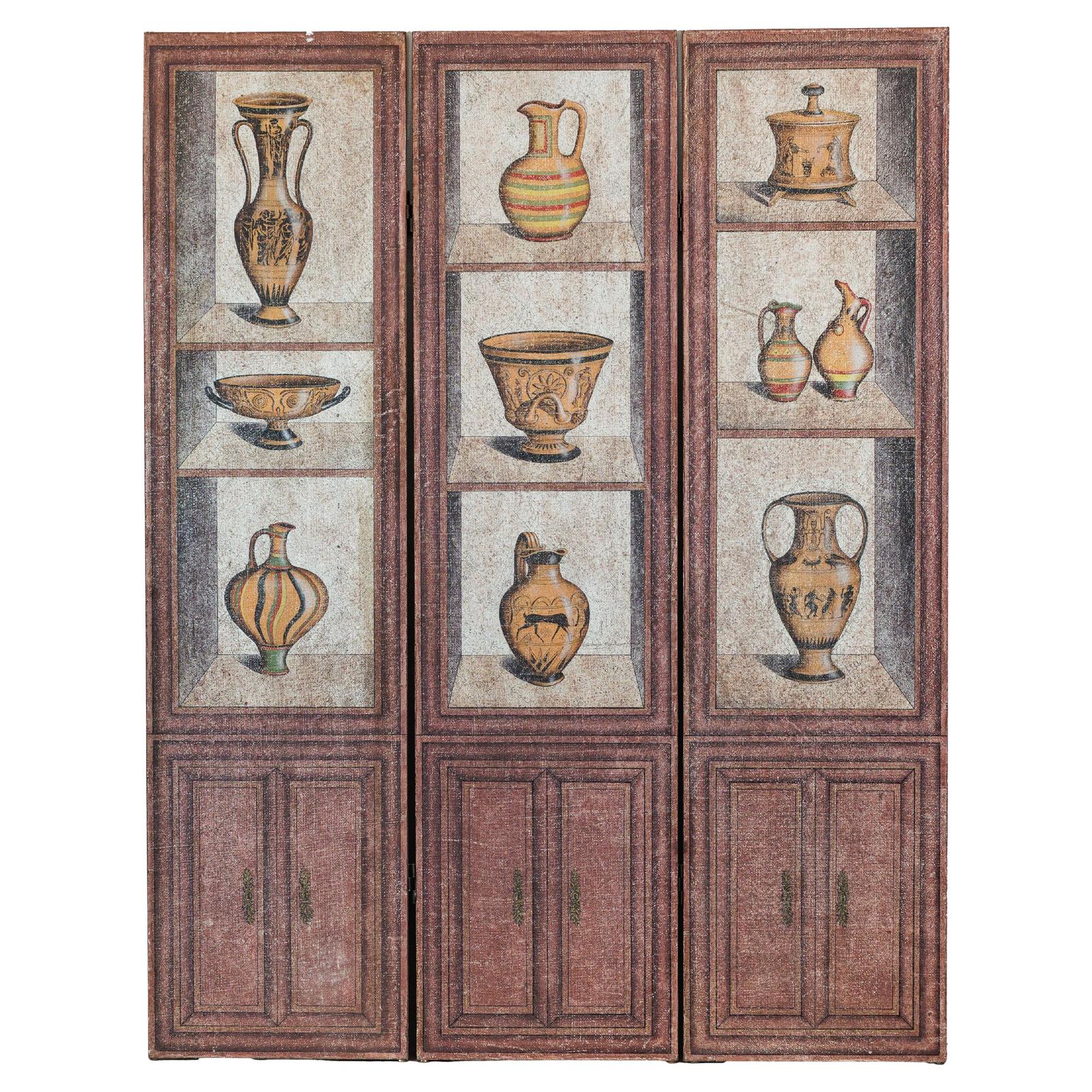 Vintage Three-Panel Screen with Painted Classical Vessel Motifs-1. Asian & Chinese Furniture, Art, Antiques, Vintage Home Décor for sale at FEA Home