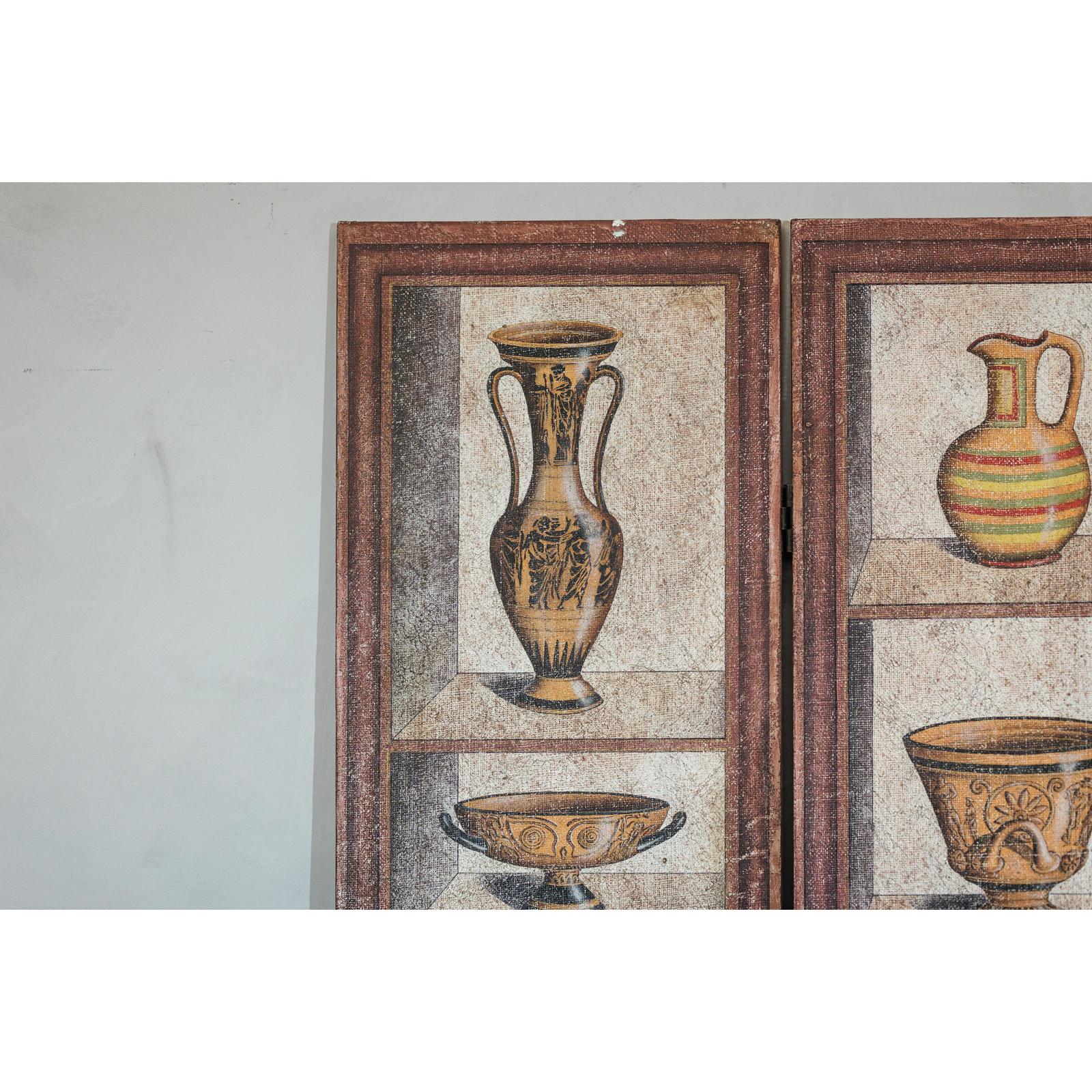 Vintage Three-Panel Screen with Painted Classical Vessel Motifs-10. Asian &amp; Chinese Furniture, Art, Antiques, Vintage Home Décor for sale at FEA Home