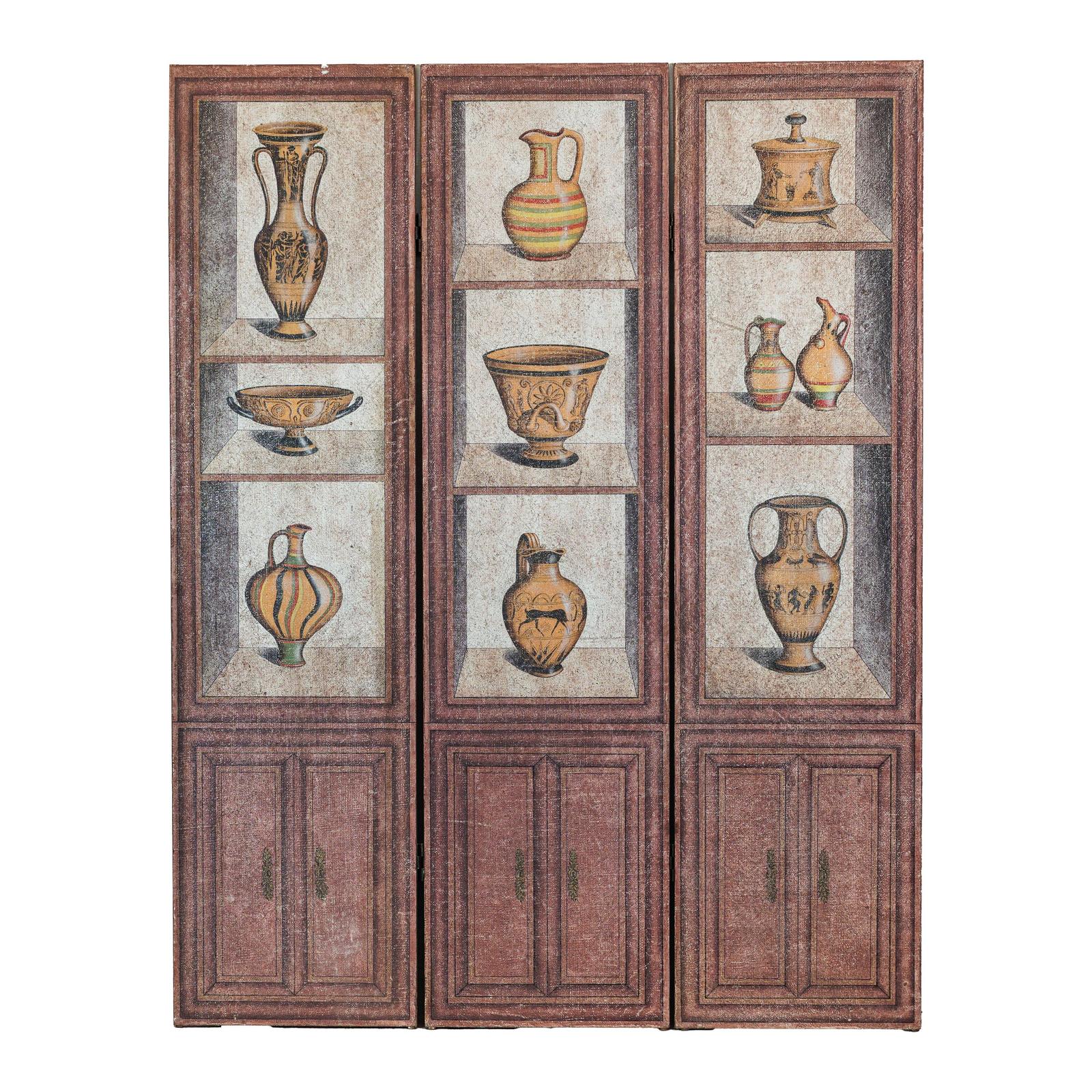 Vintage Three-Panel Screen with Painted Classical Vessel Motifs-18. Asian &amp; Chinese Furniture, Art, Antiques, Vintage Home Décor for sale at FEA Home