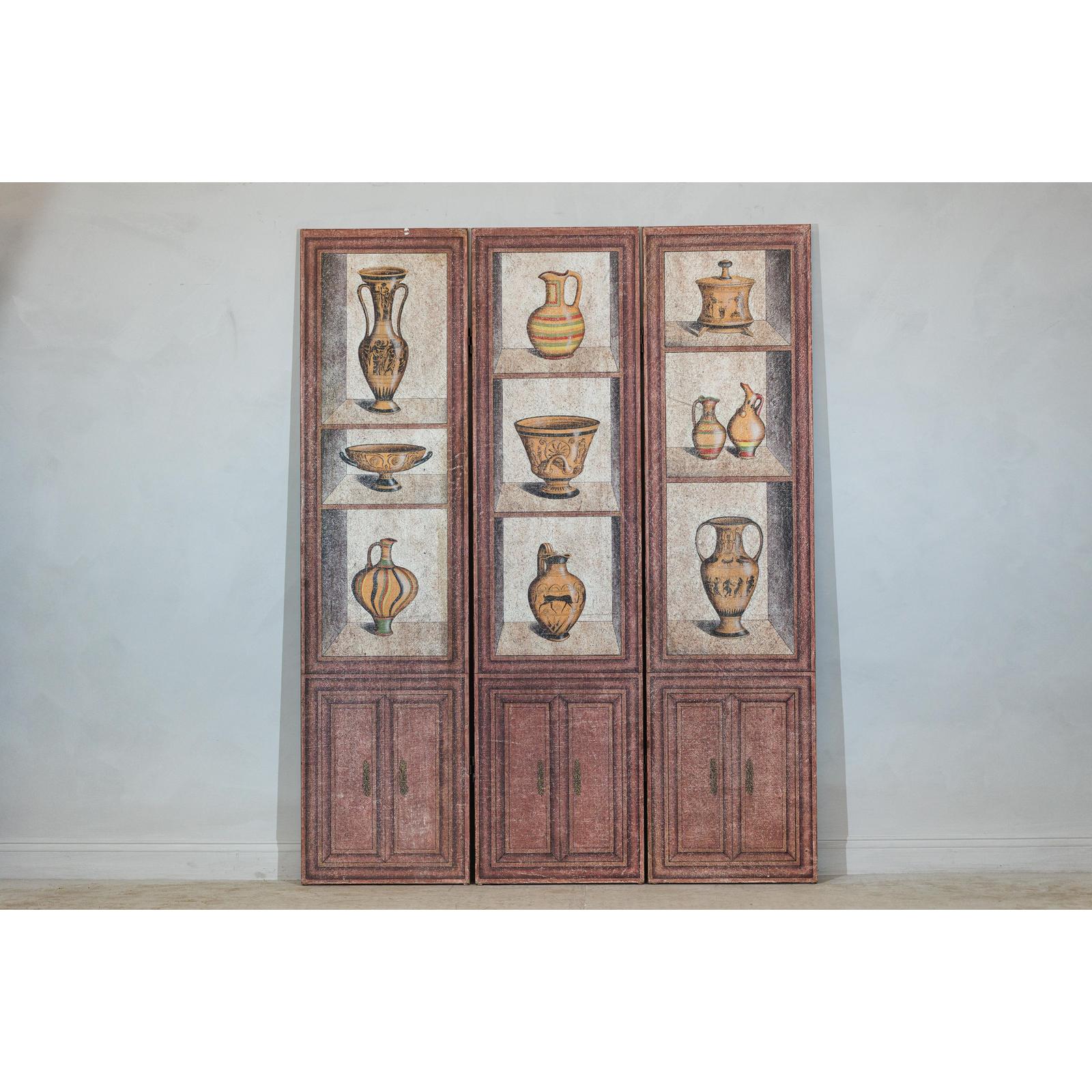 Vintage Three-Panel Screen with Painted Classical Vessel Motifs-2. Asian & Chinese Furniture, Art, Antiques, Vintage Home Décor for sale at FEA Home