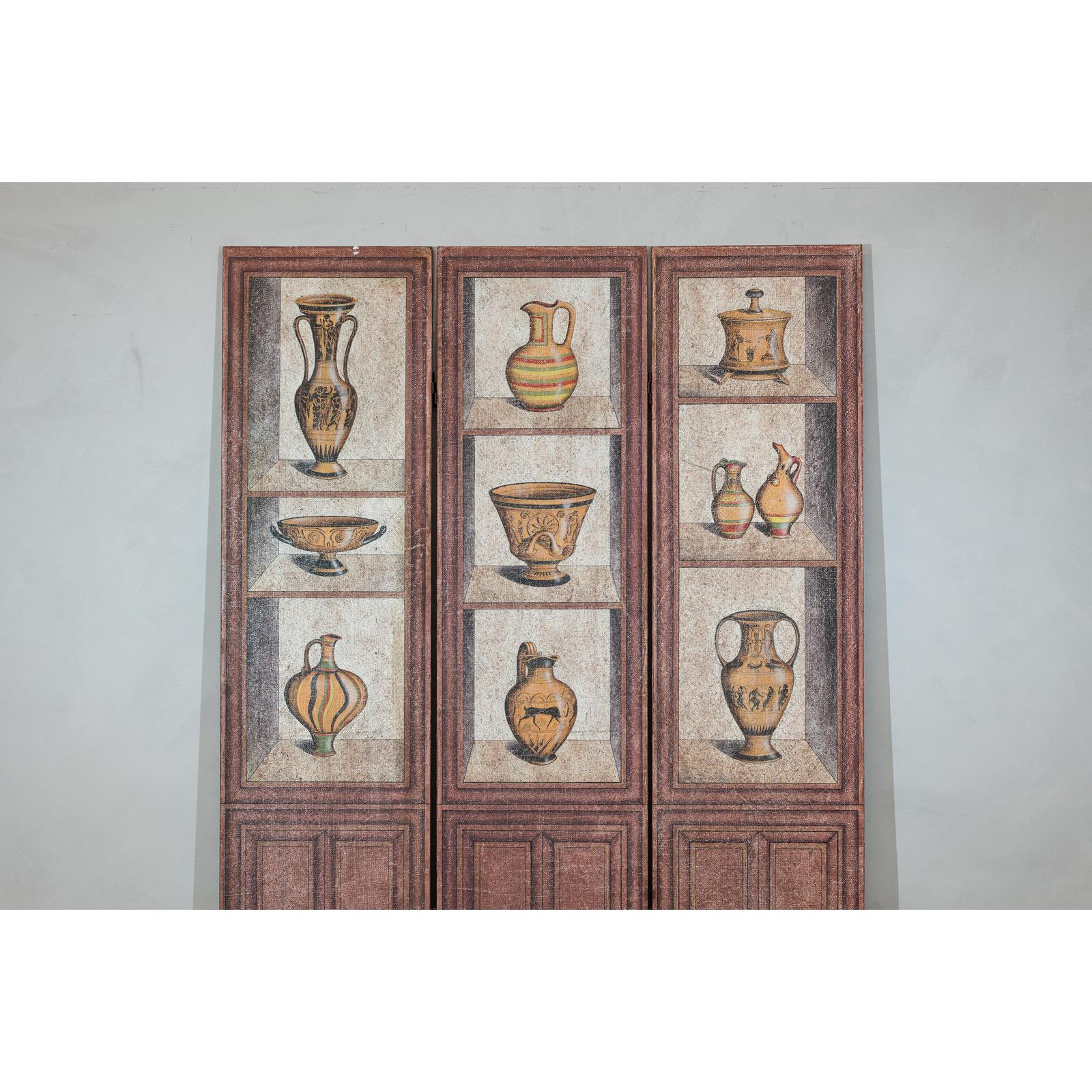 Vintage Three-Panel Screen with Painted Classical Vessel Motifs-3. Asian &amp; Chinese Furniture, Art, Antiques, Vintage Home Décor for sale at FEA Home