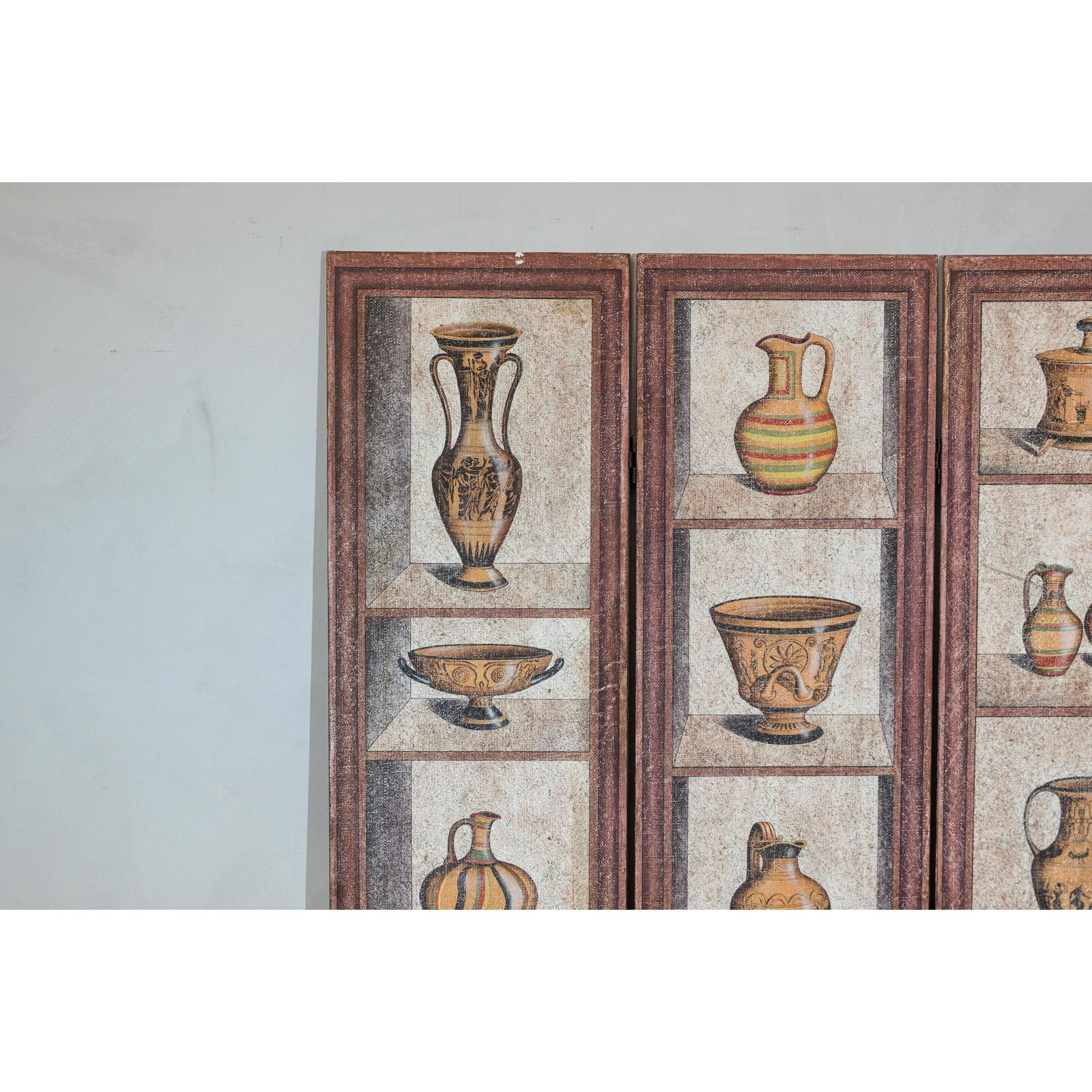 Vintage Three-Panel Screen with Painted Classical Vessel Motifs-5. Asian &amp; Chinese Furniture, Art, Antiques, Vintage Home Décor for sale at FEA Home