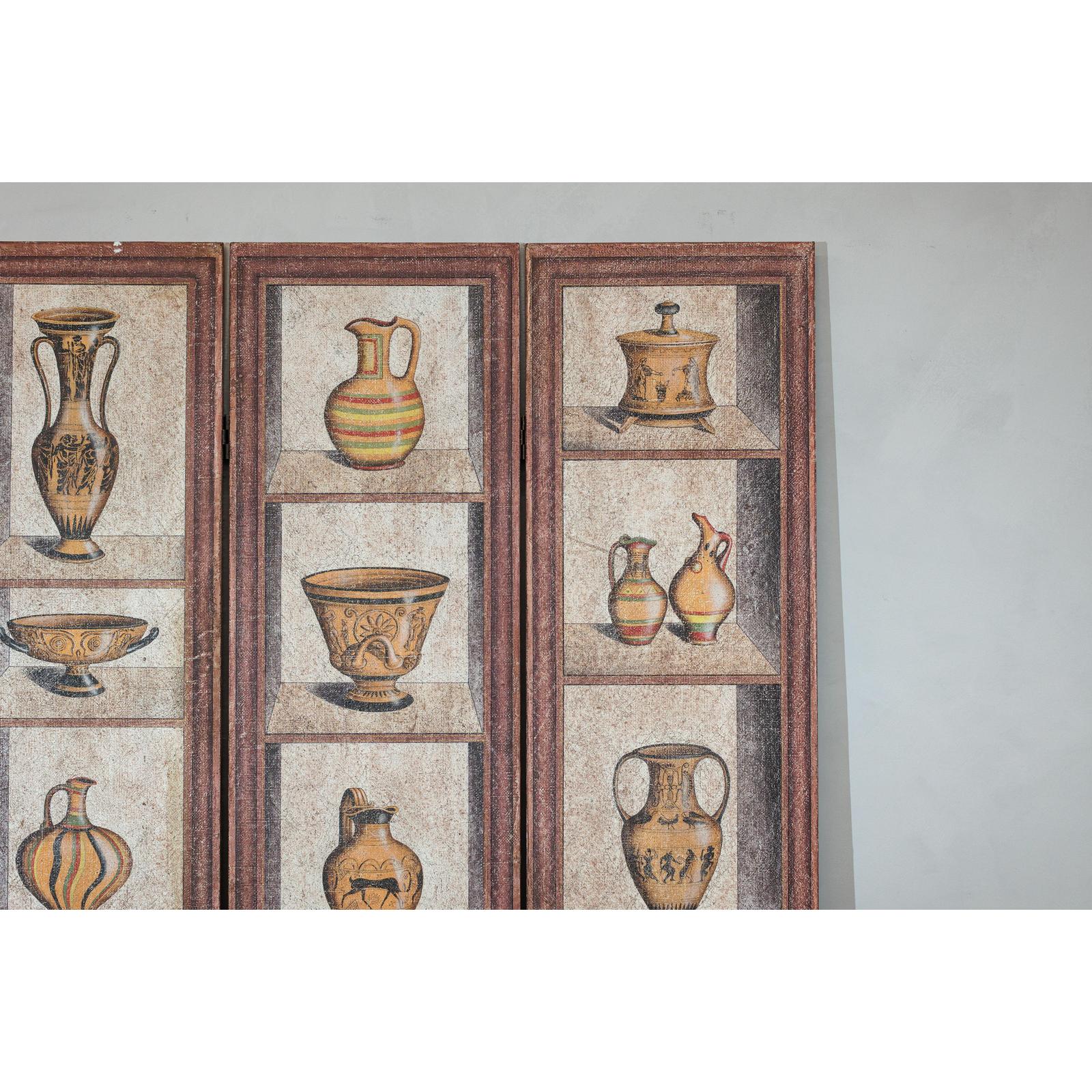 Vintage Three-Panel Screen with Painted Classical Vessel Motifs-6. Asian &amp; Chinese Furniture, Art, Antiques, Vintage Home Décor for sale at FEA Home