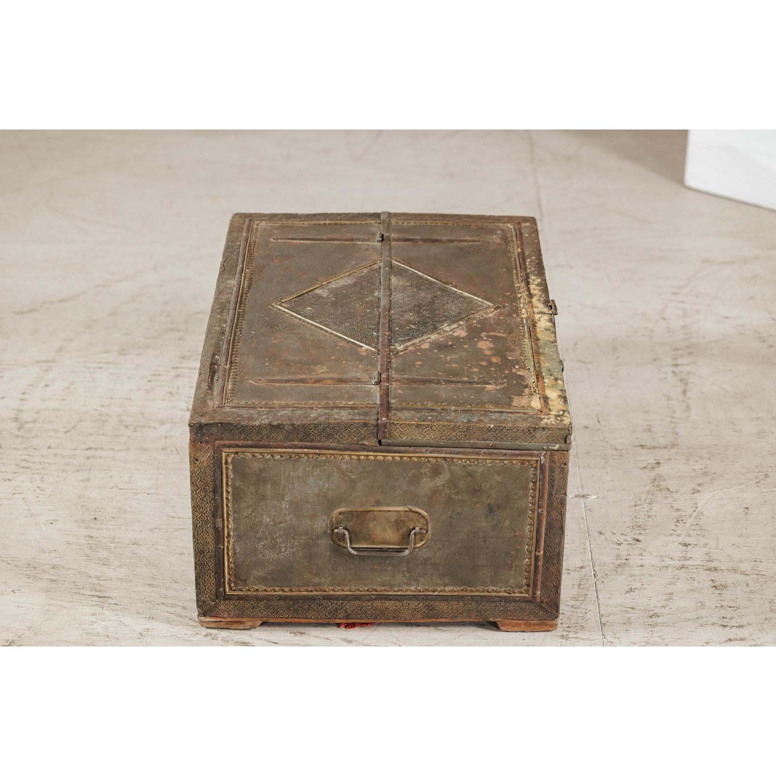 Vintage Tin-Clad Metal Trunk with Embossed Detailing - image 11