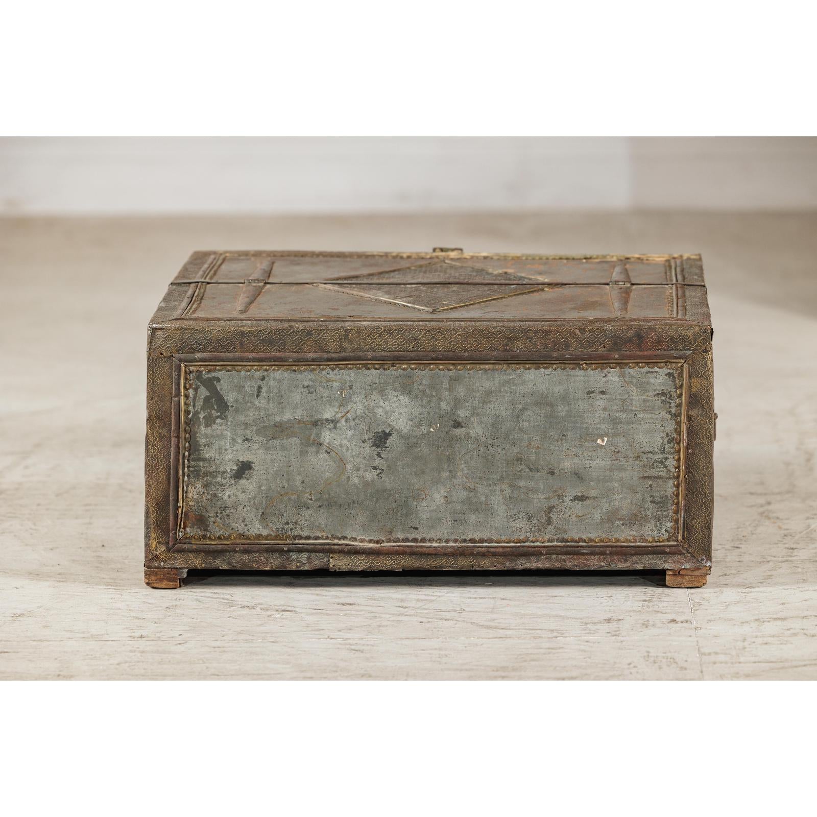 Vintage Tin-Clad Metal Trunk with Embossed Detailing - image 12