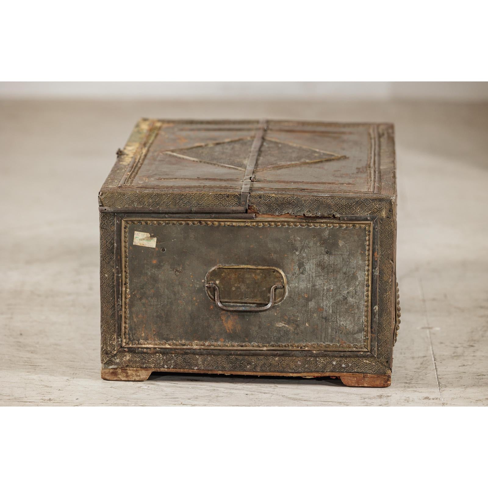 Vintage Tin-Clad Metal Trunk with Embossed Detailing - image 13