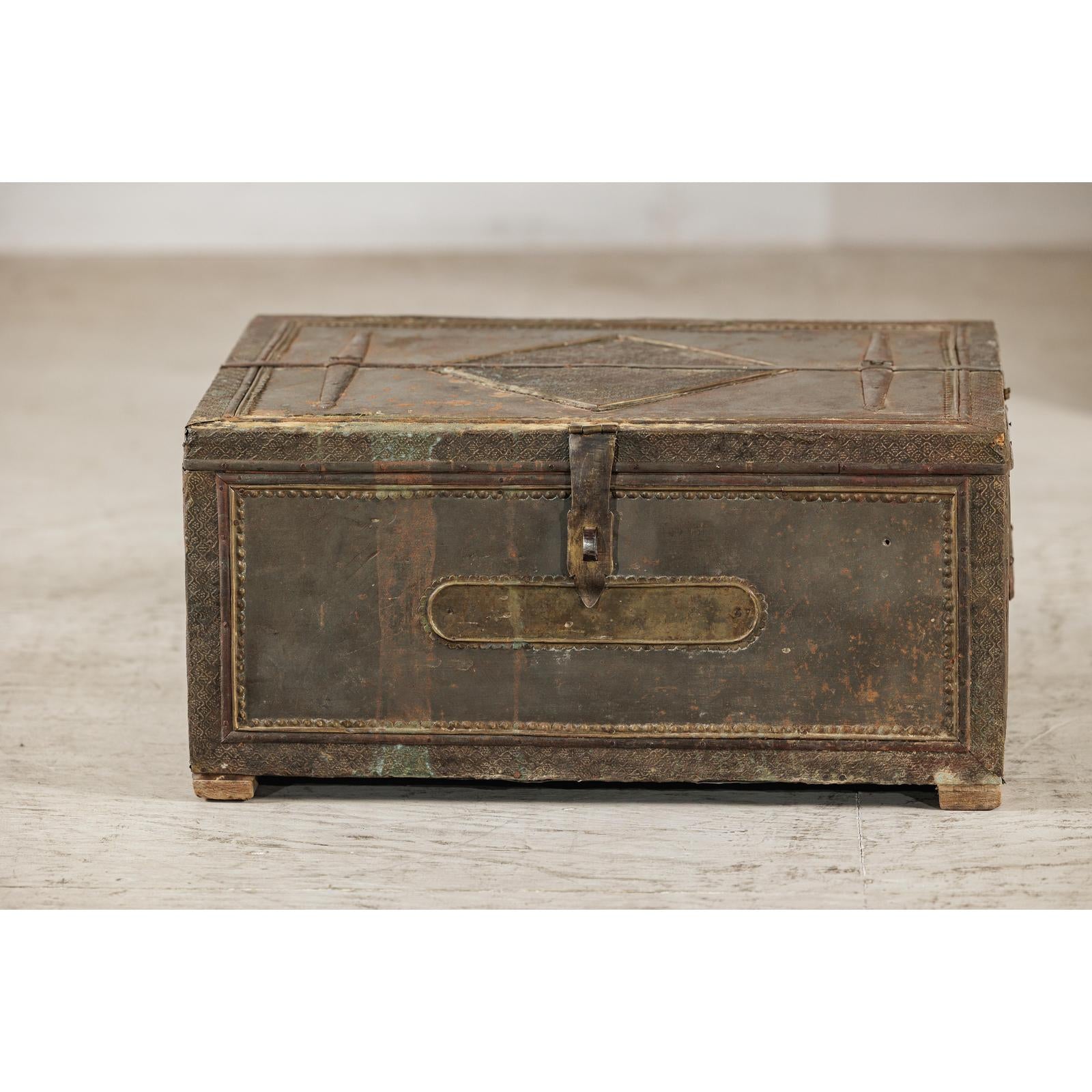 Vintage Tin-Clad Metal Trunk with Embossed Detailing - image 14