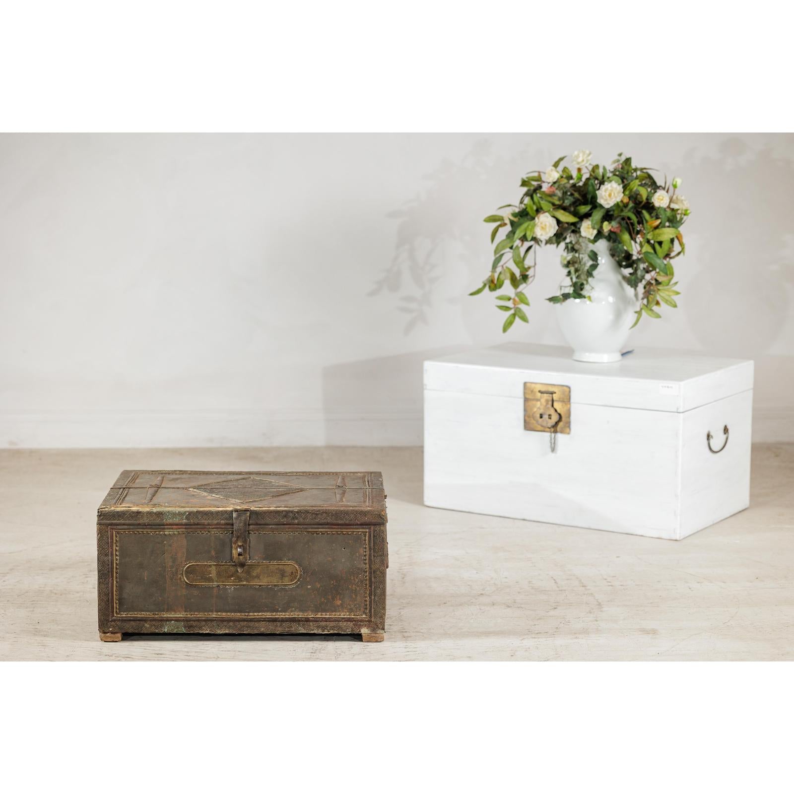 Vintage Tin-Clad Metal Trunk with Embossed Detailing - image 2