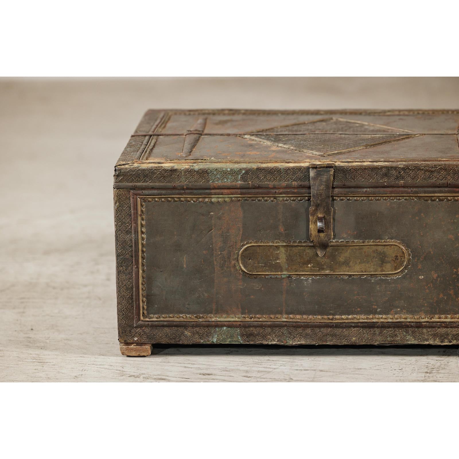 Vintage Tin-Clad Metal Trunk with Embossed Detailing - image 3