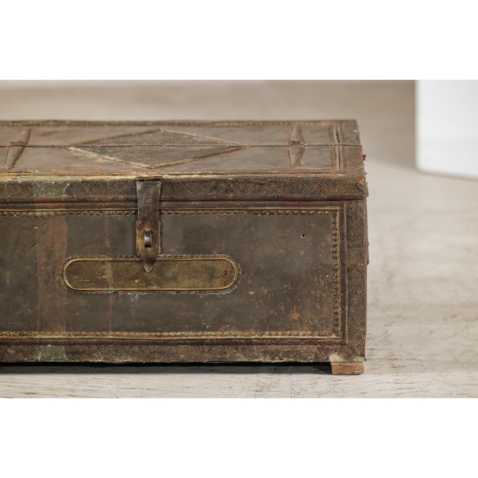 Vintage Tin-Clad Metal Trunk with Embossed Detailing - image 4