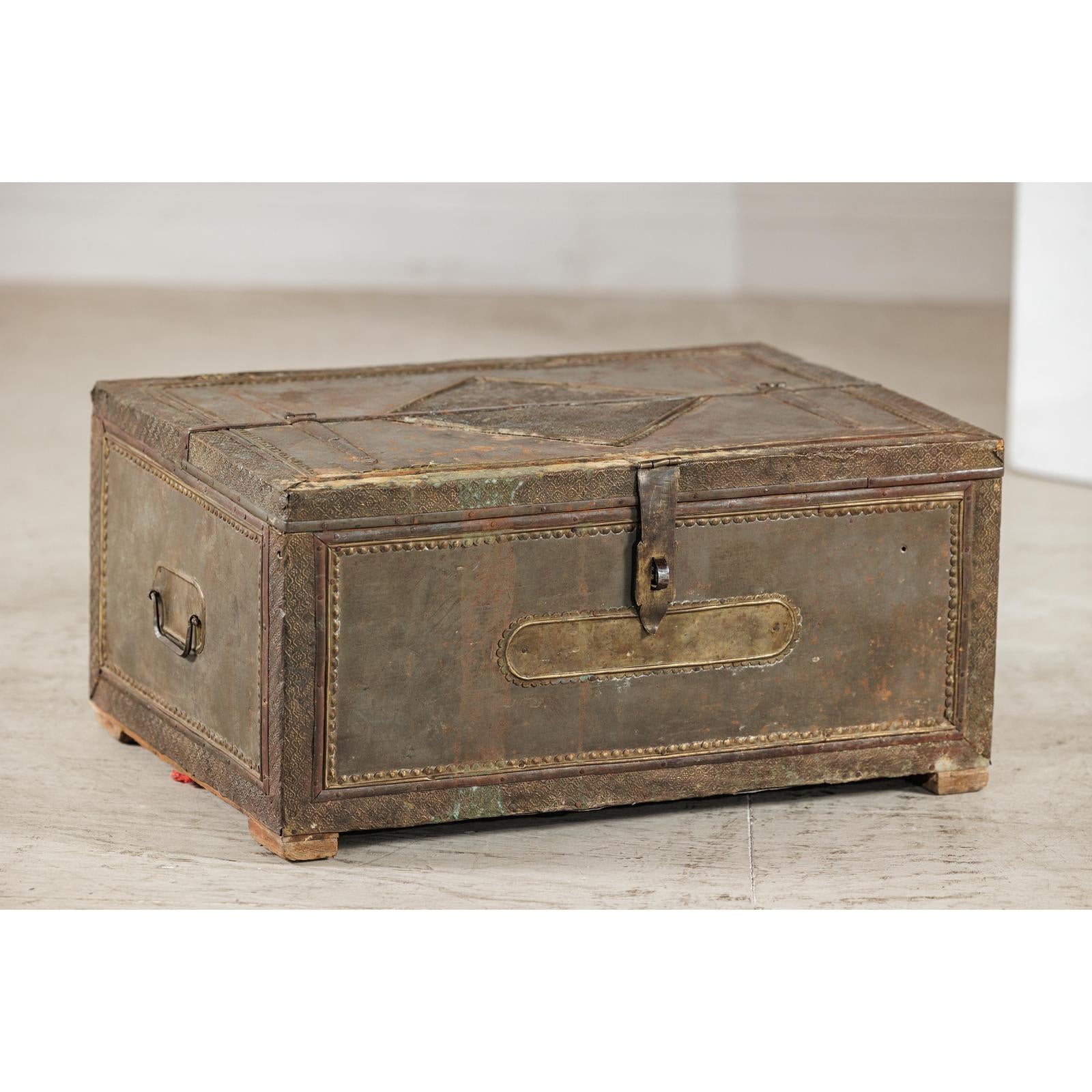 Vintage Tin-Clad Metal Trunk with Embossed Detailing - image 5