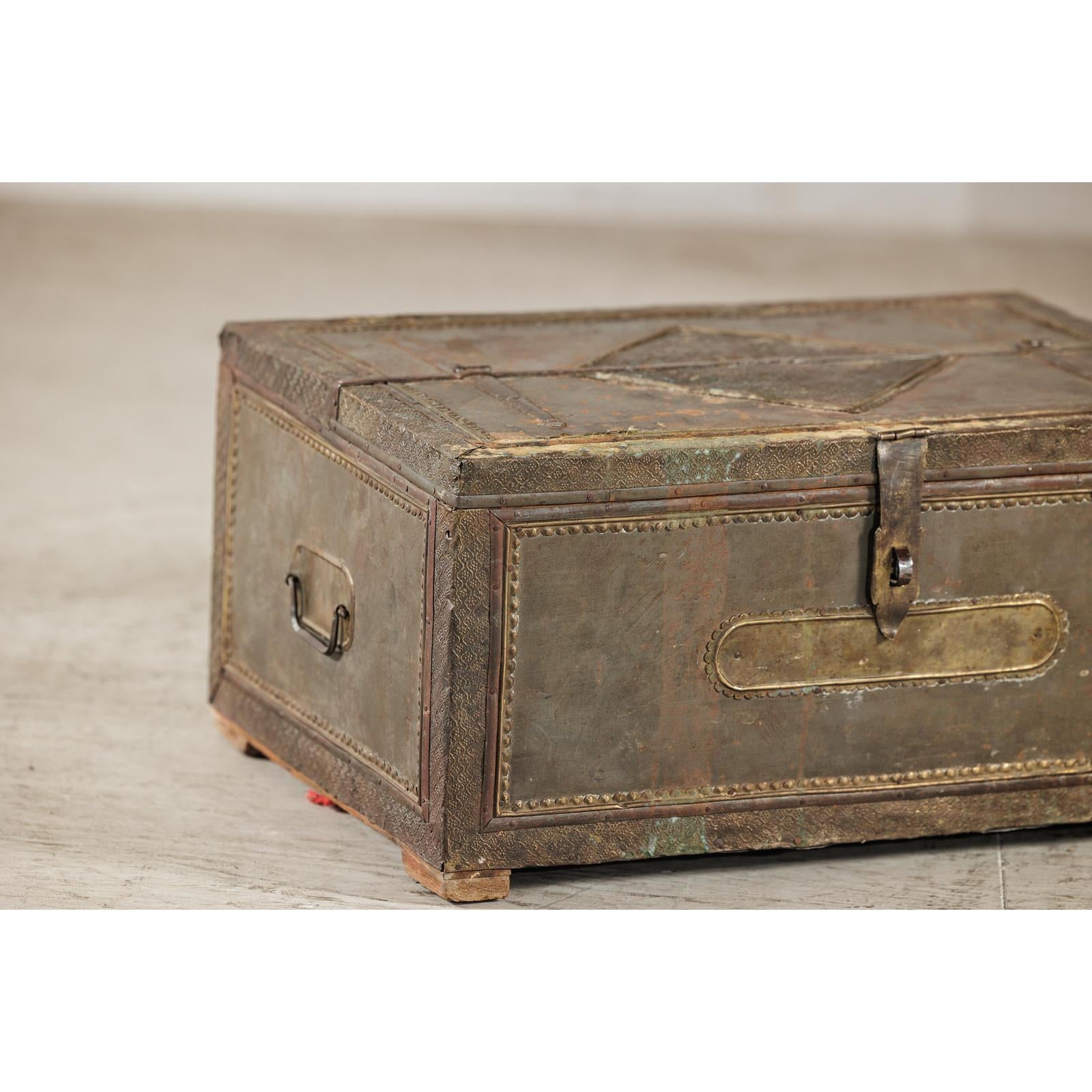Vintage Tin-Clad Metal Trunk with Embossed Detailing - image 7