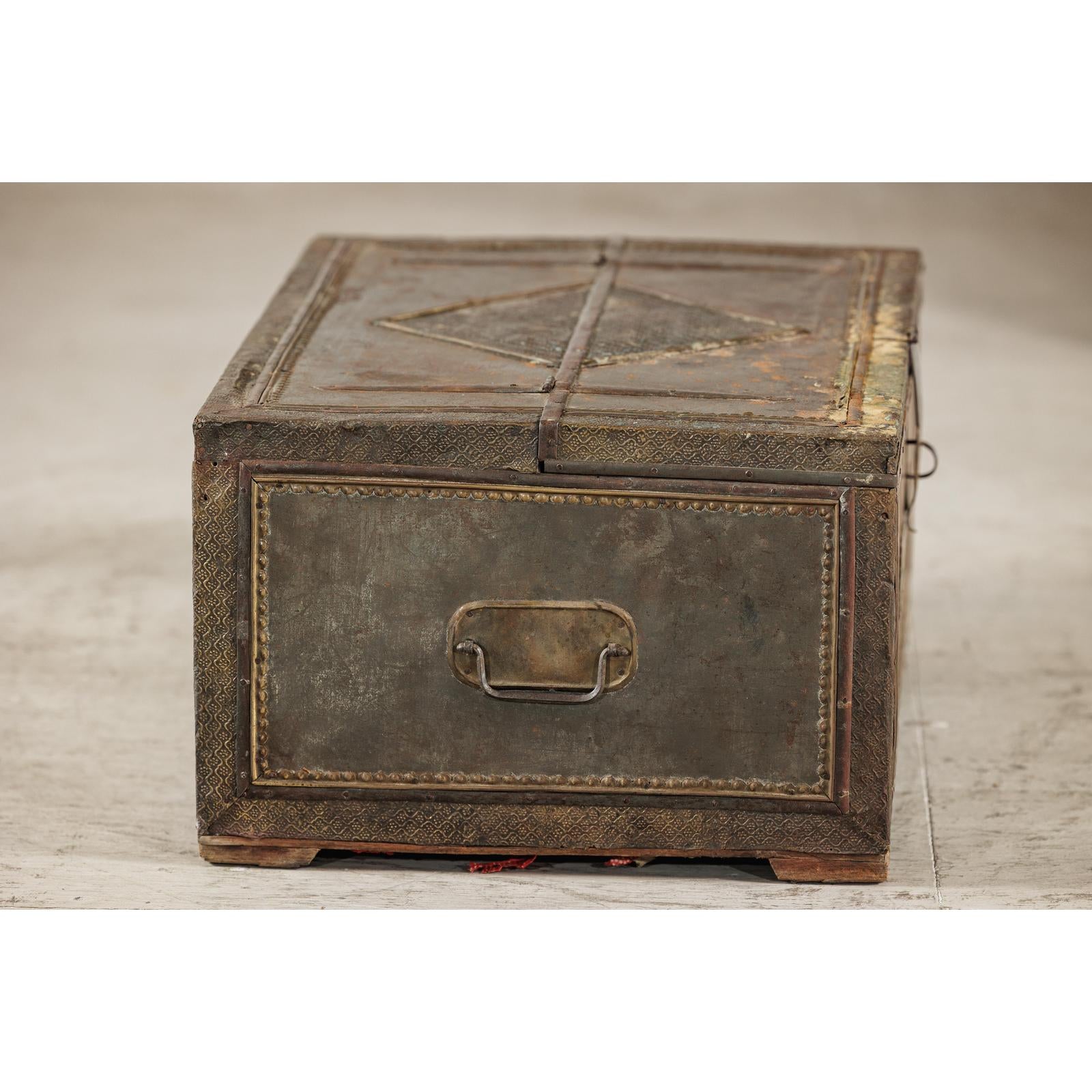 Vintage Tin-Clad Metal Trunk with Embossed Detailing - image 8