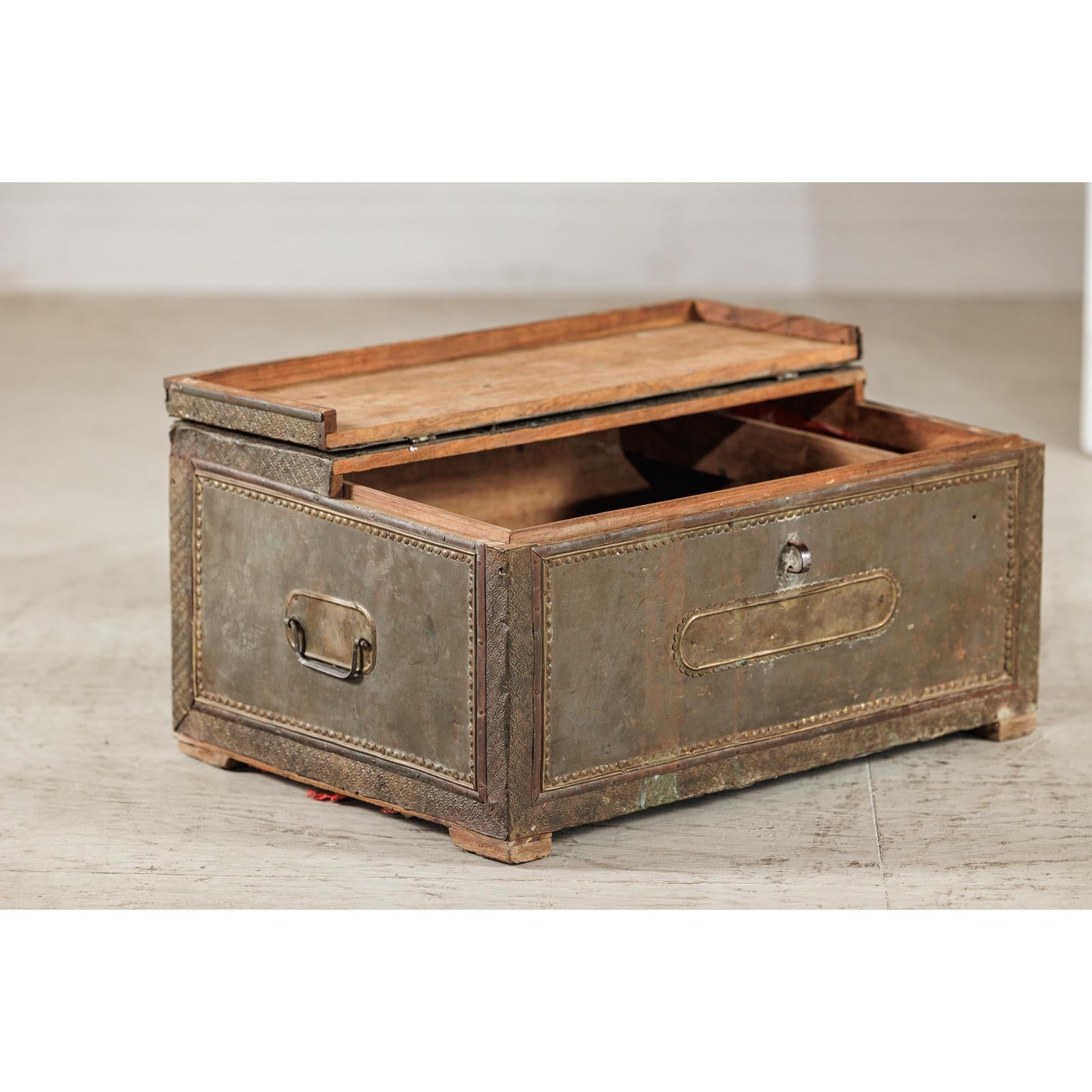 Vintage Tin-Clad Metal Trunk with Embossed Detailing - image 9