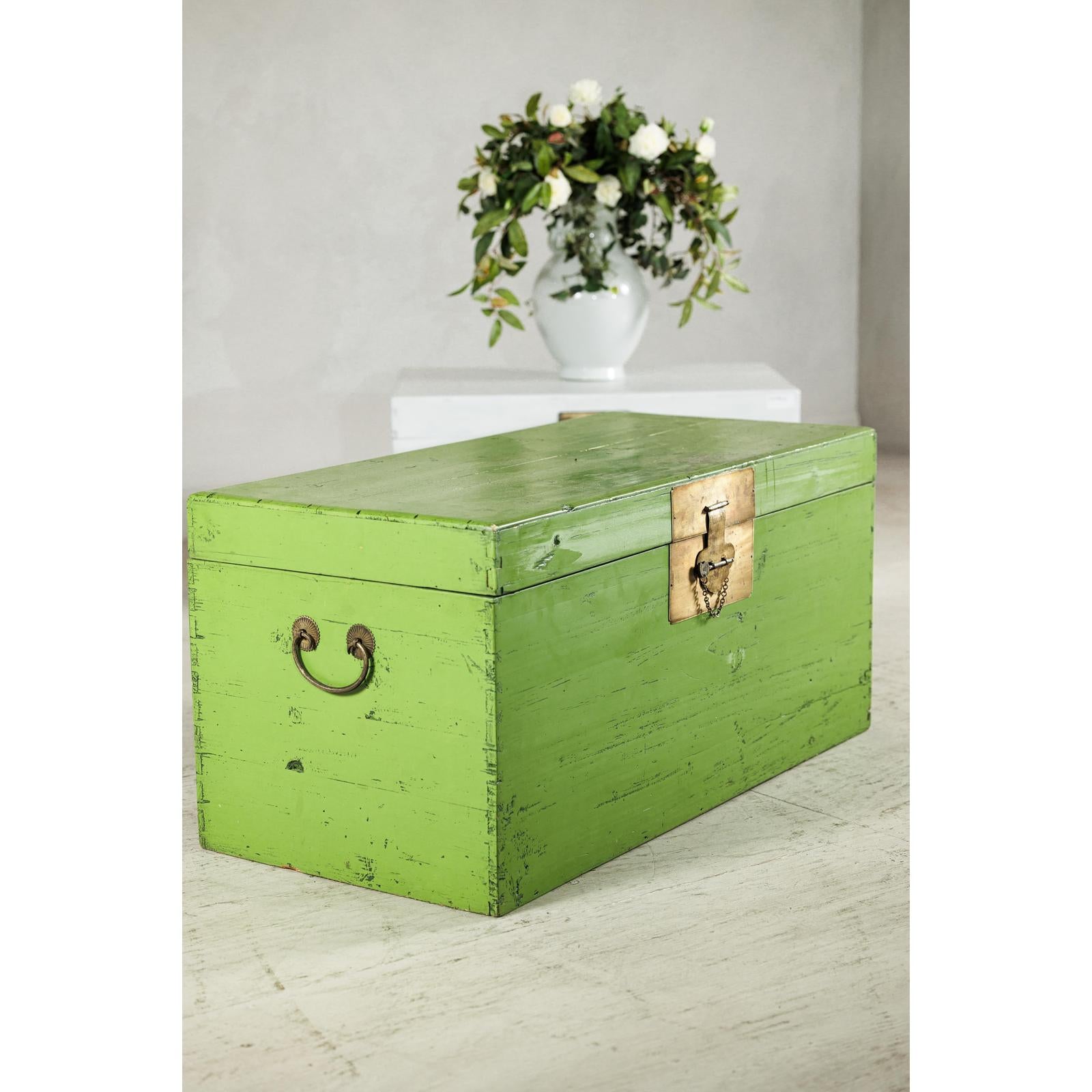 Vintage Wooden Trunk with Bright Green Finish and Brass Hardware
