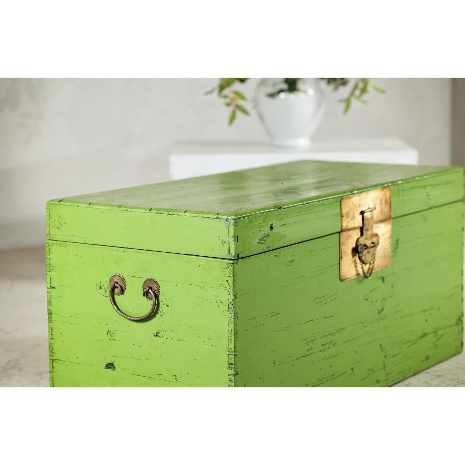 Vintage Wooden Trunk with Bright Green Finish and Brass Hardware