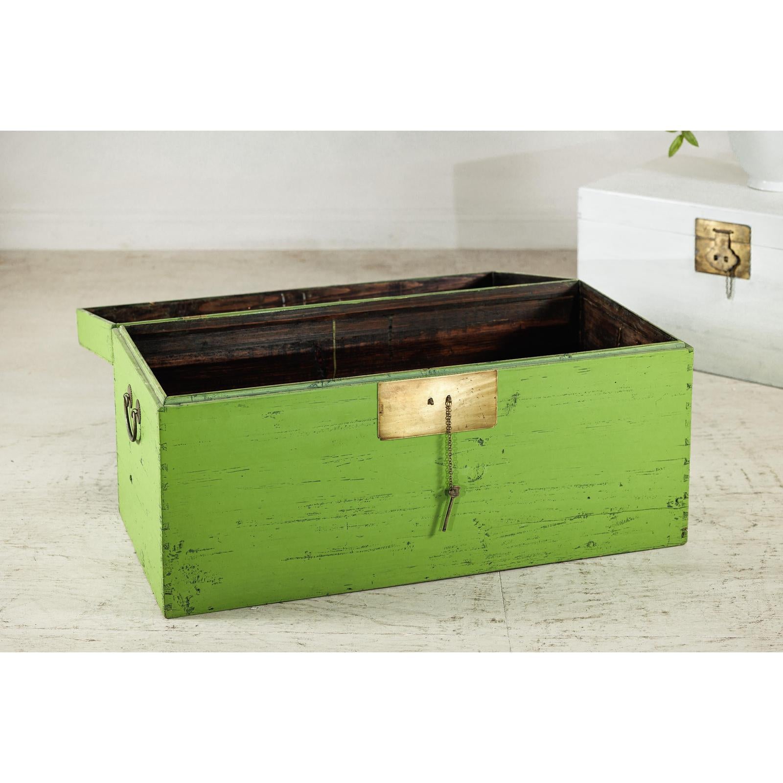 Vintage Wooden Trunk with Bright Green Finish and Brass Hardware