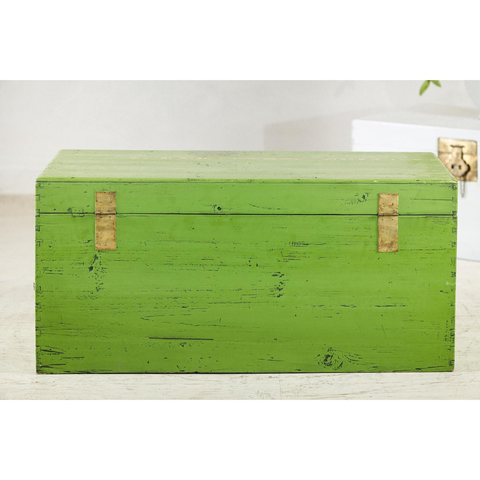 Vintage Wooden Trunk with Bright Green Finish and Brass Hardware