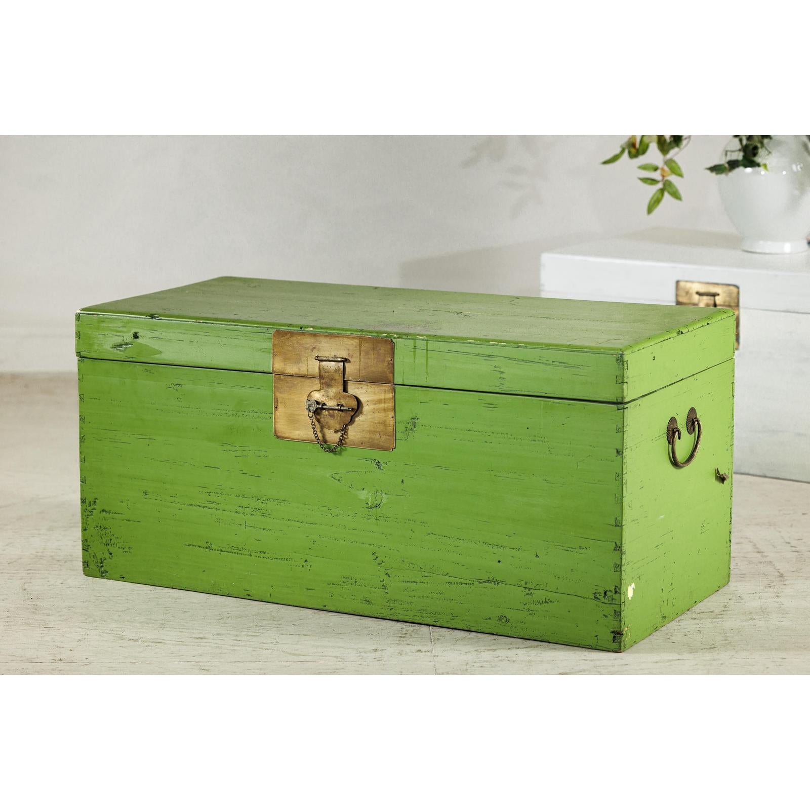 Vintage Wooden Trunk with Bright Green Finish and Brass Hardware