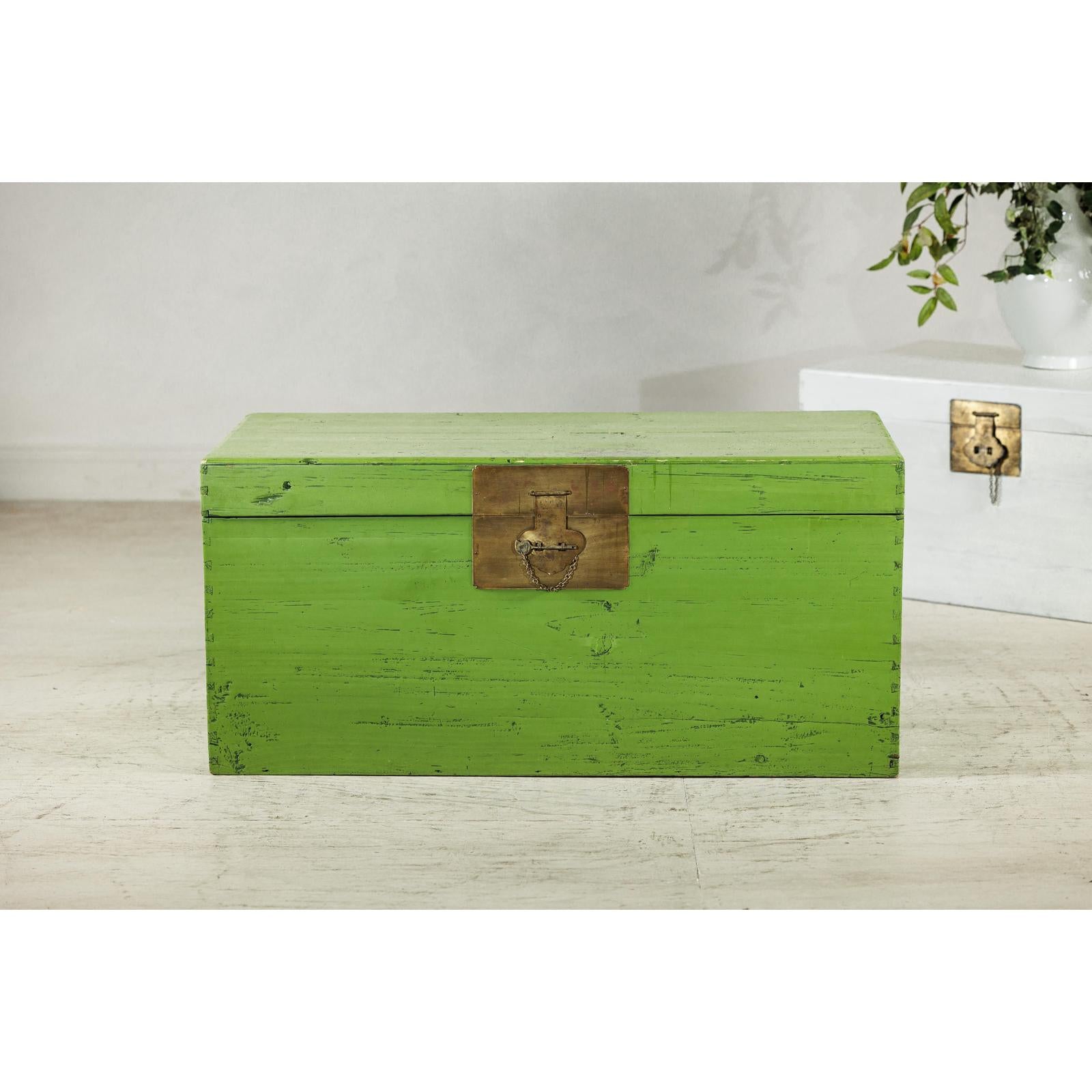 Vintage Wooden Trunk with Bright Green Finish and Brass Hardware