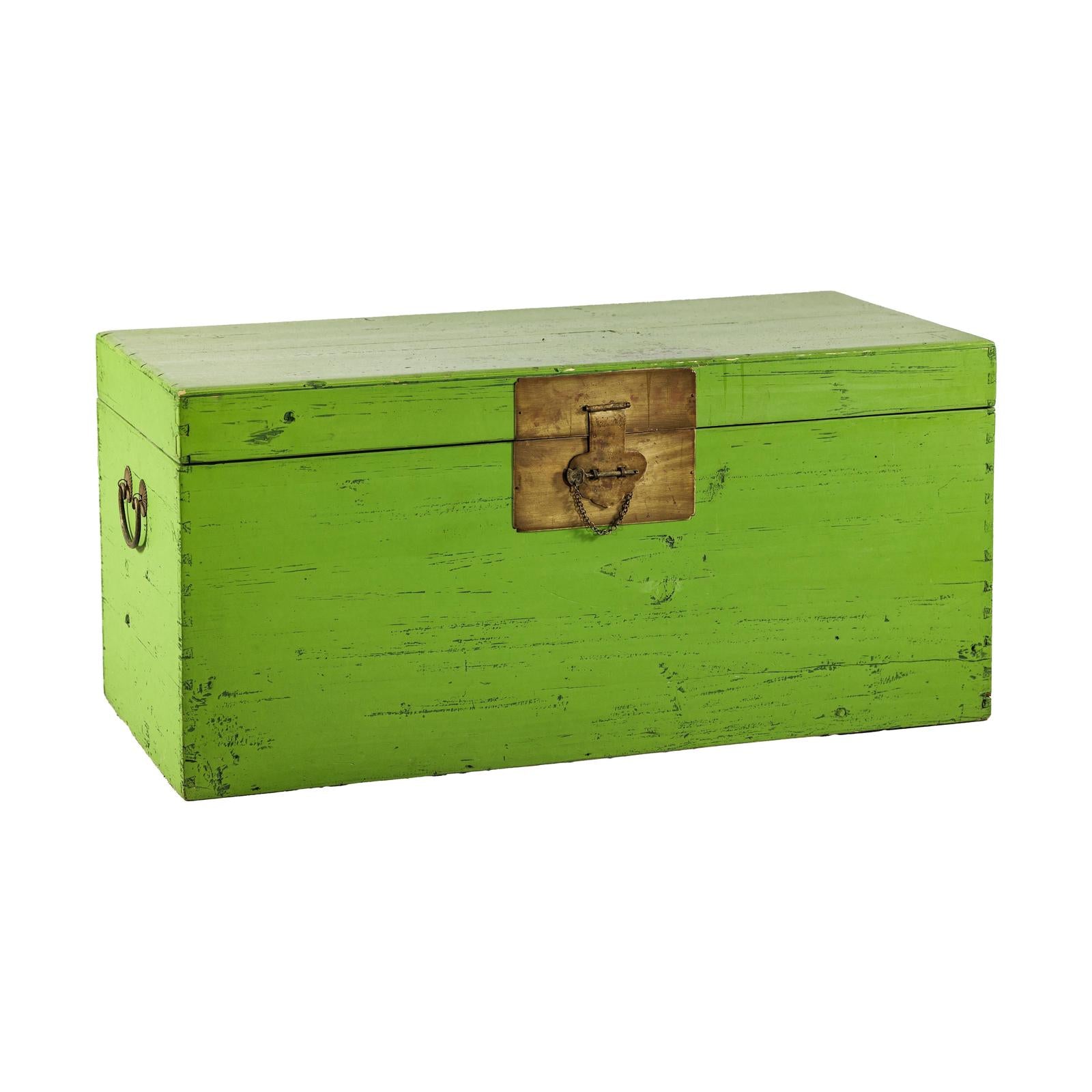 Vintage Wooden Trunk with Bright Green Finish and Brass Hardware