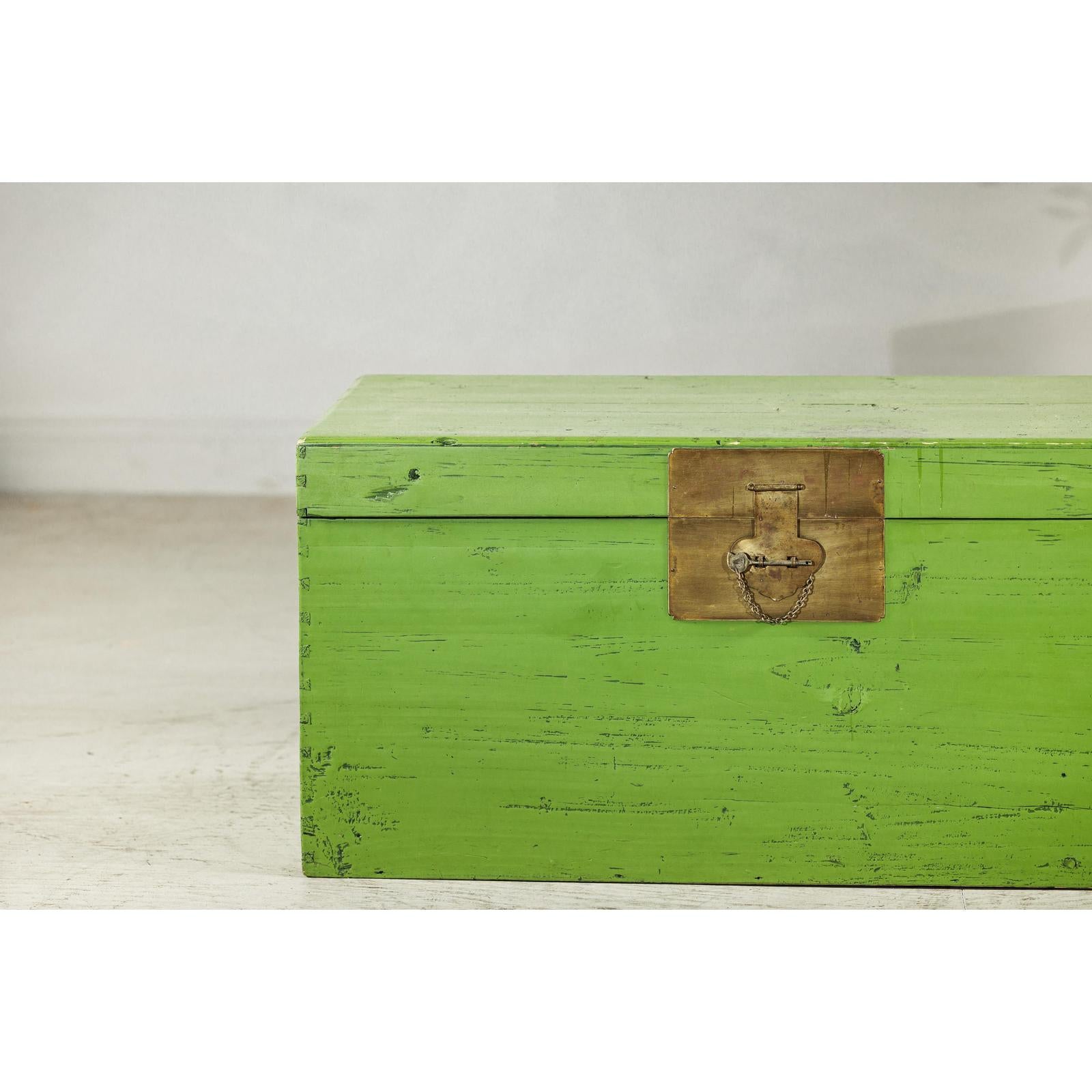 Vintage Wooden Trunk with Bright Green Finish and Brass Hardware