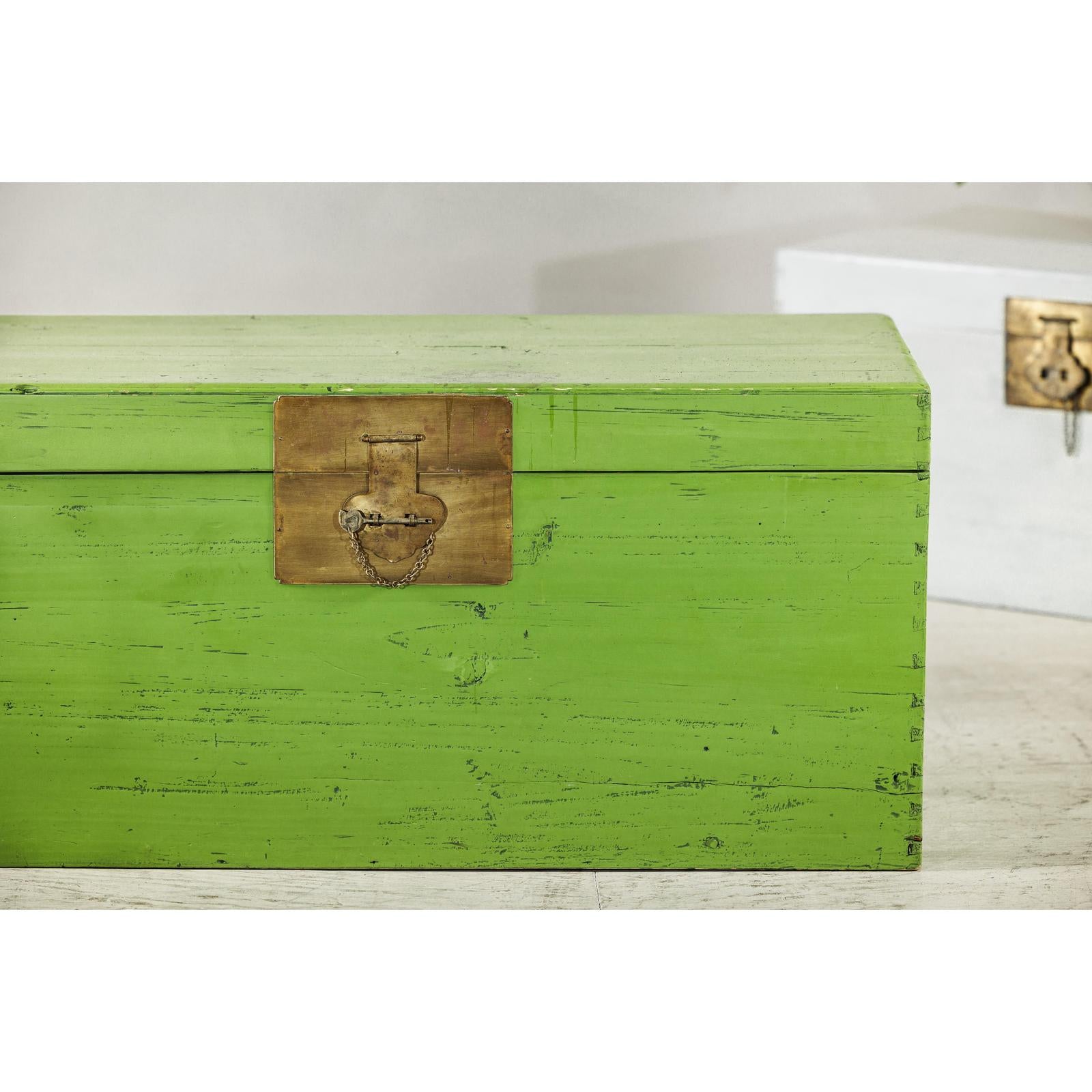 Vintage Wooden Trunk with Bright Green Finish and Brass Hardware