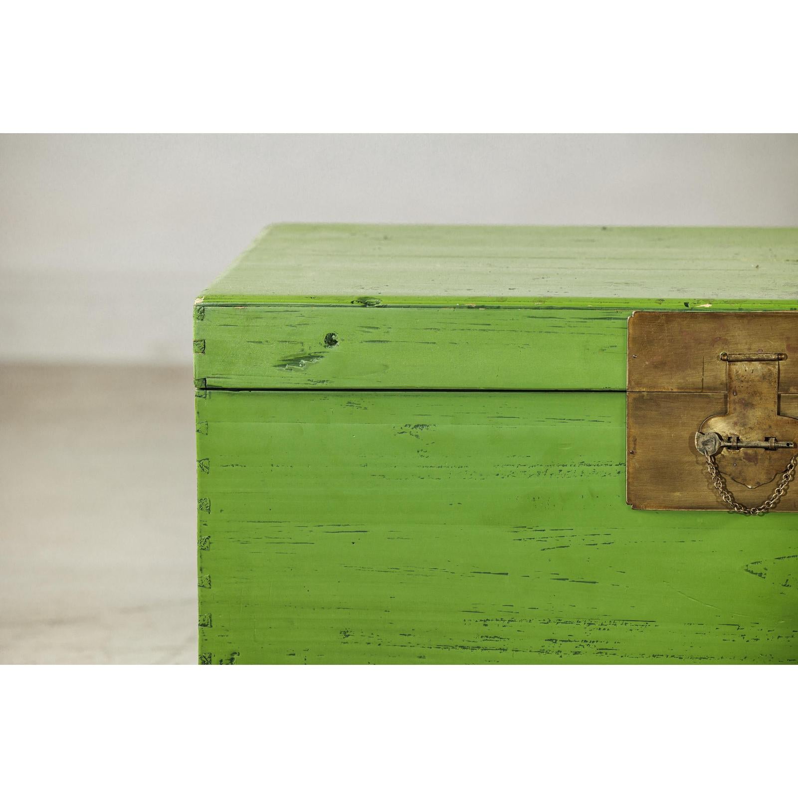 Vintage Wooden Trunk with Bright Green Finish and Brass Hardware