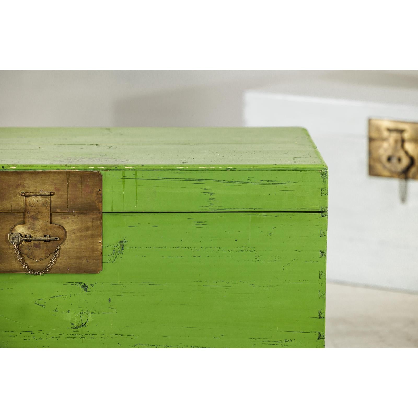 Vintage Wooden Trunk with Bright Green Finish and Brass Hardware