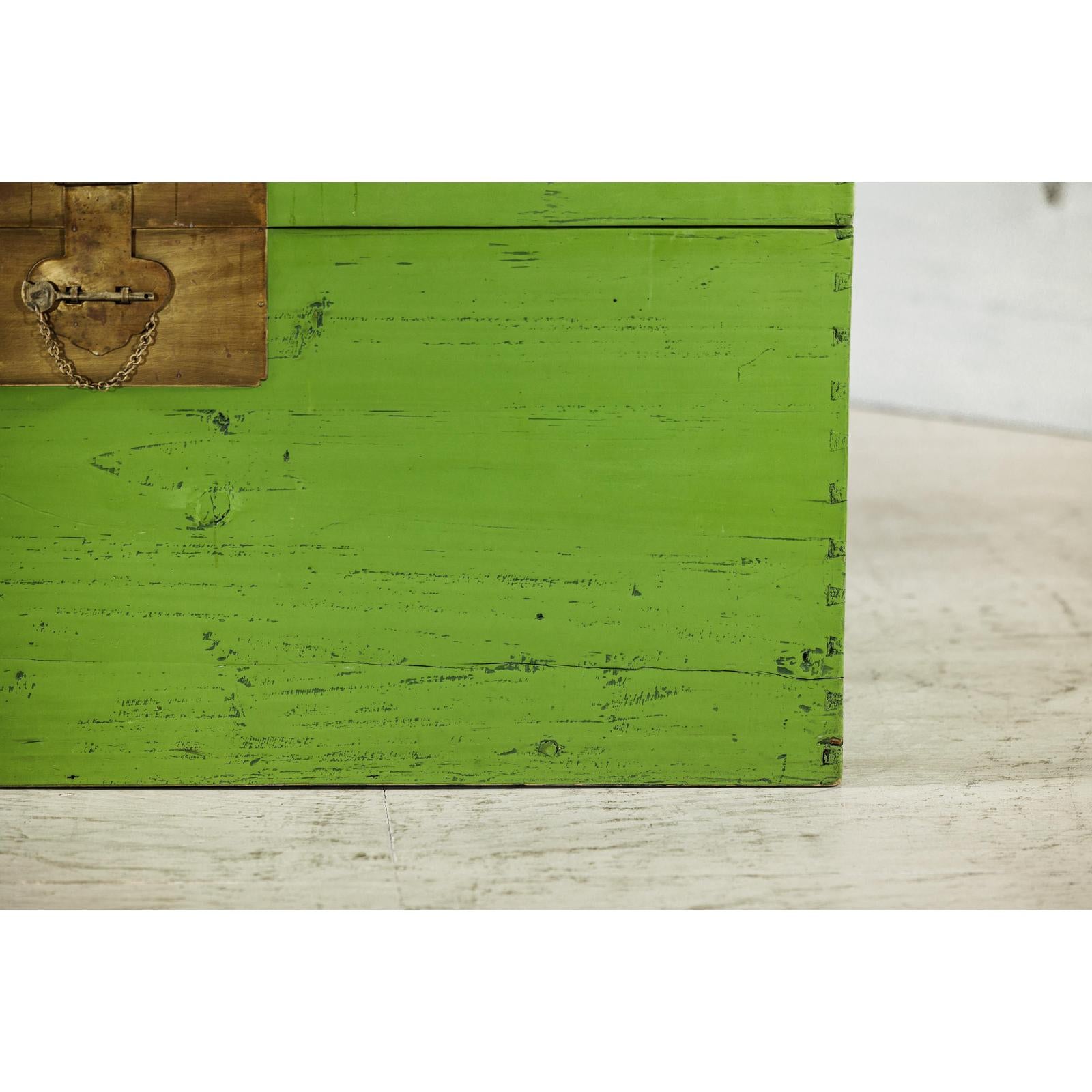 Vintage Wooden Trunk with Bright Green Finish and Brass Hardware