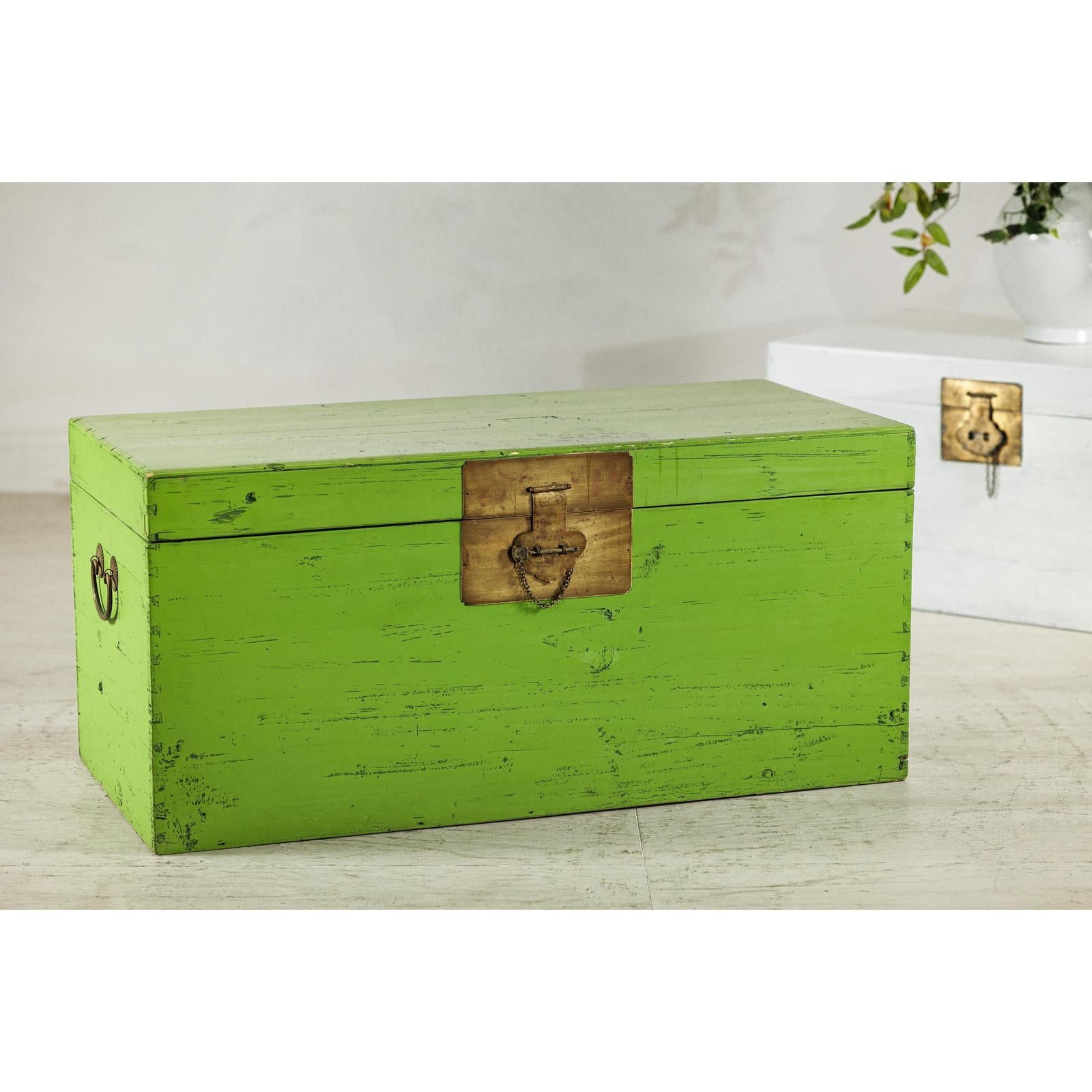 Vintage Wooden Trunk with Bright Green Finish and Brass Hardware