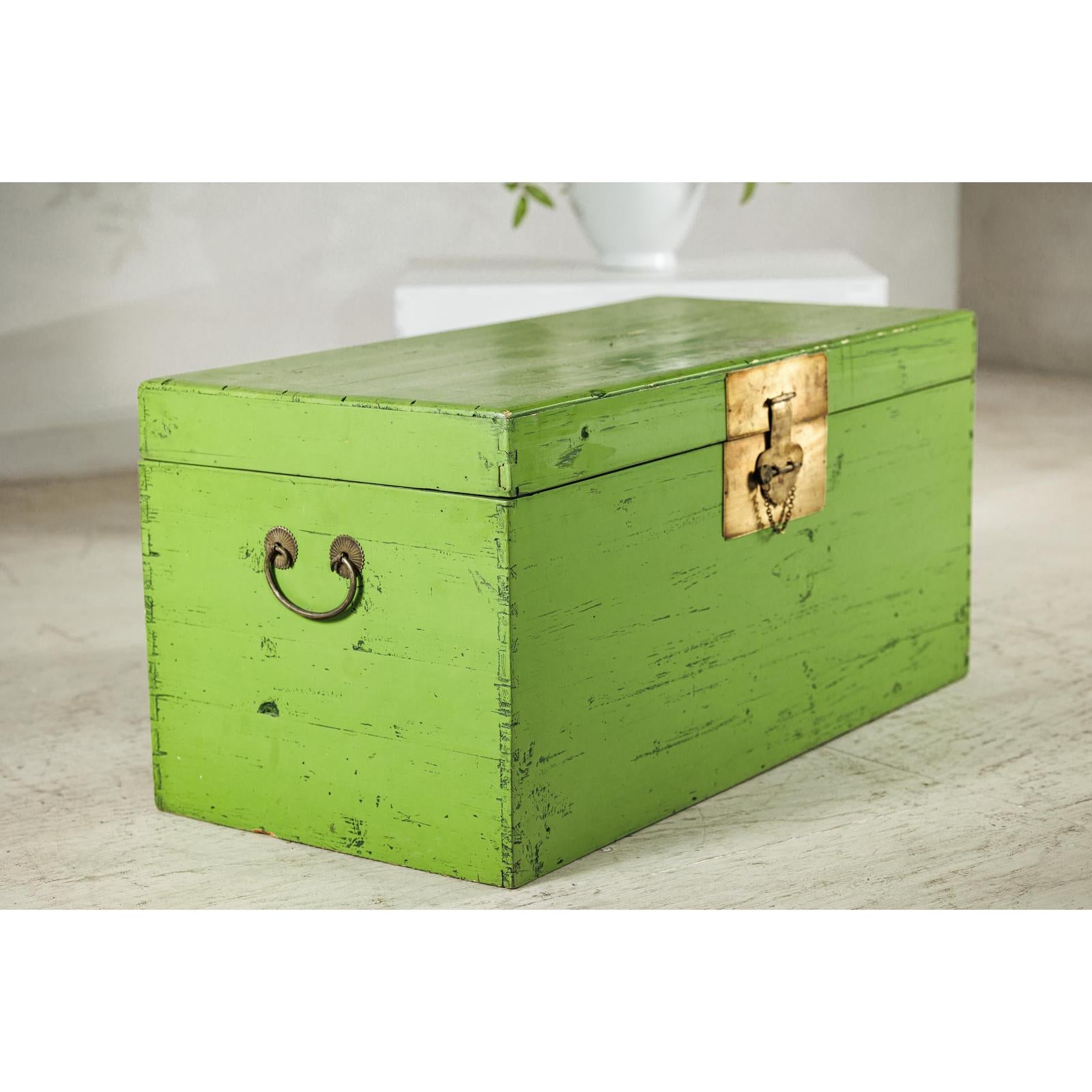 Vintage Wooden Trunk with Bright Green Finish and Brass Hardware