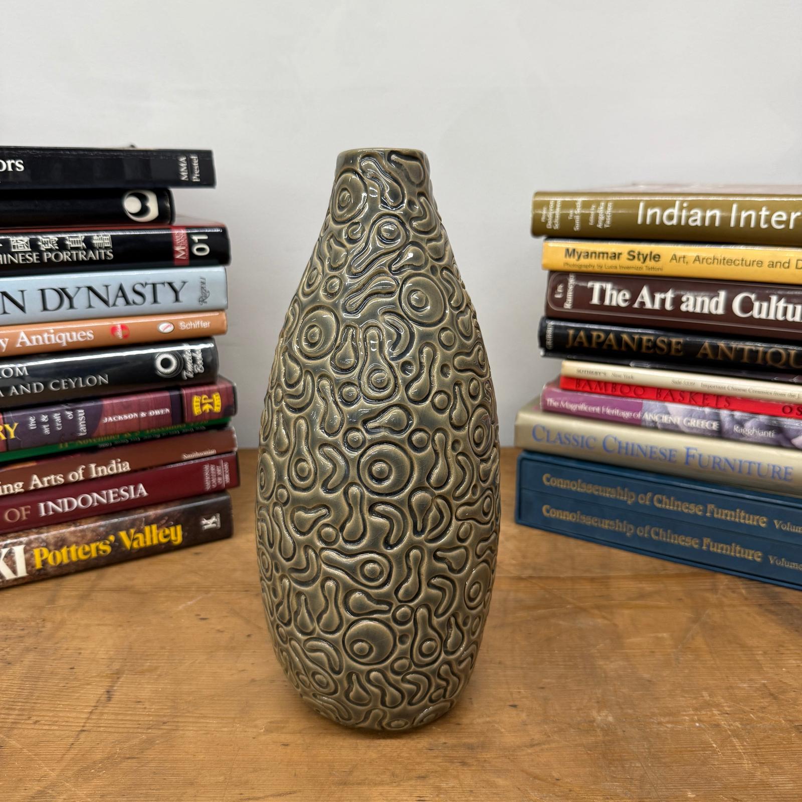 Warm Olive-Taupe Ceramic Vase with Organic Abstract Pattern, SKU , image 4