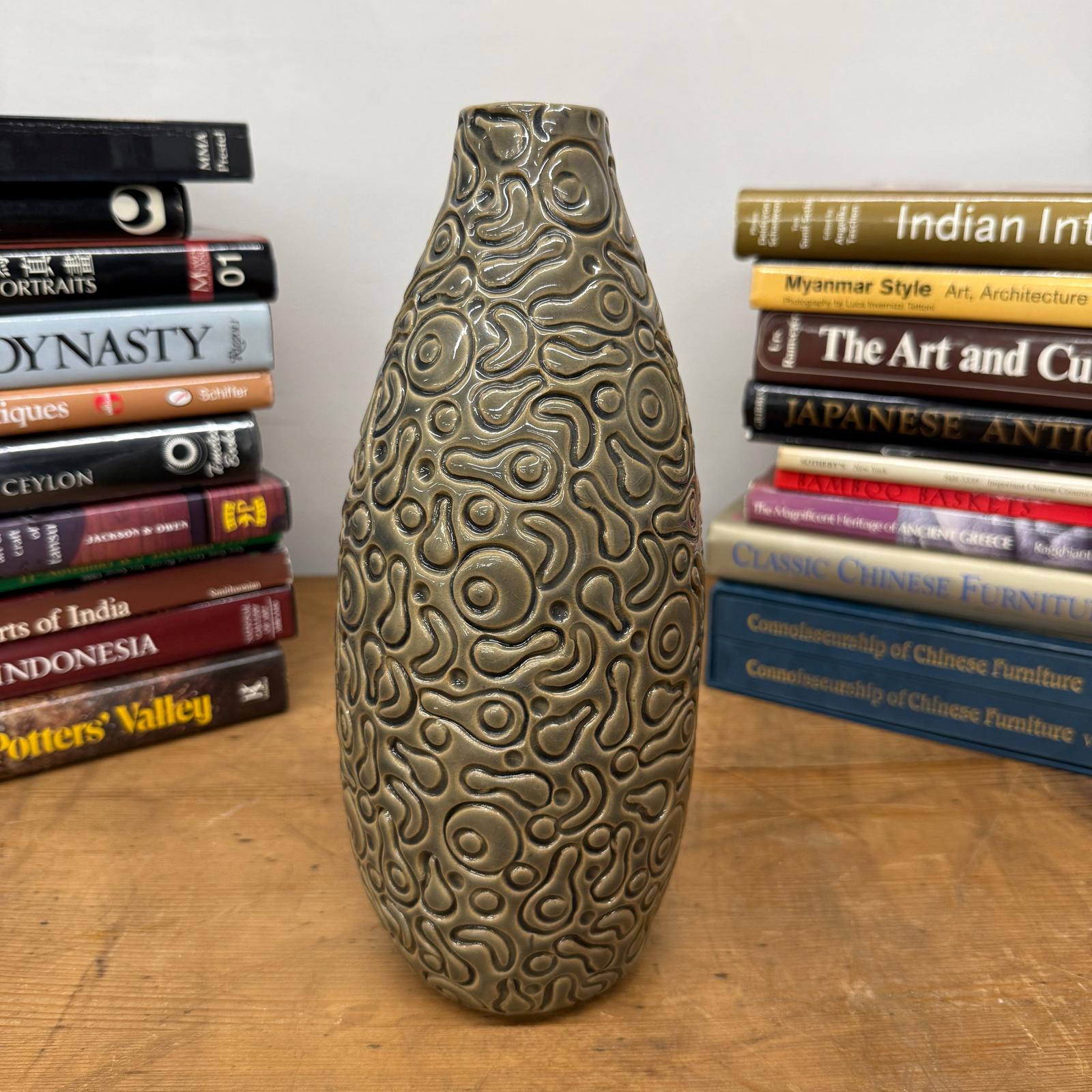 Warm Olive-Taupe Ceramic Vase with Organic Abstract Pattern, SKU , image 5